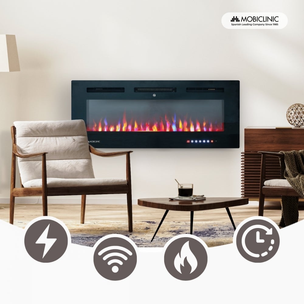Chimenea eléctrica de pared Mobiclinic Estufa 106.5x12x43 cm Potencia 1800W Llama 3D Protección sobrecalentamiento Temporizador Control Wifi Fury - 3