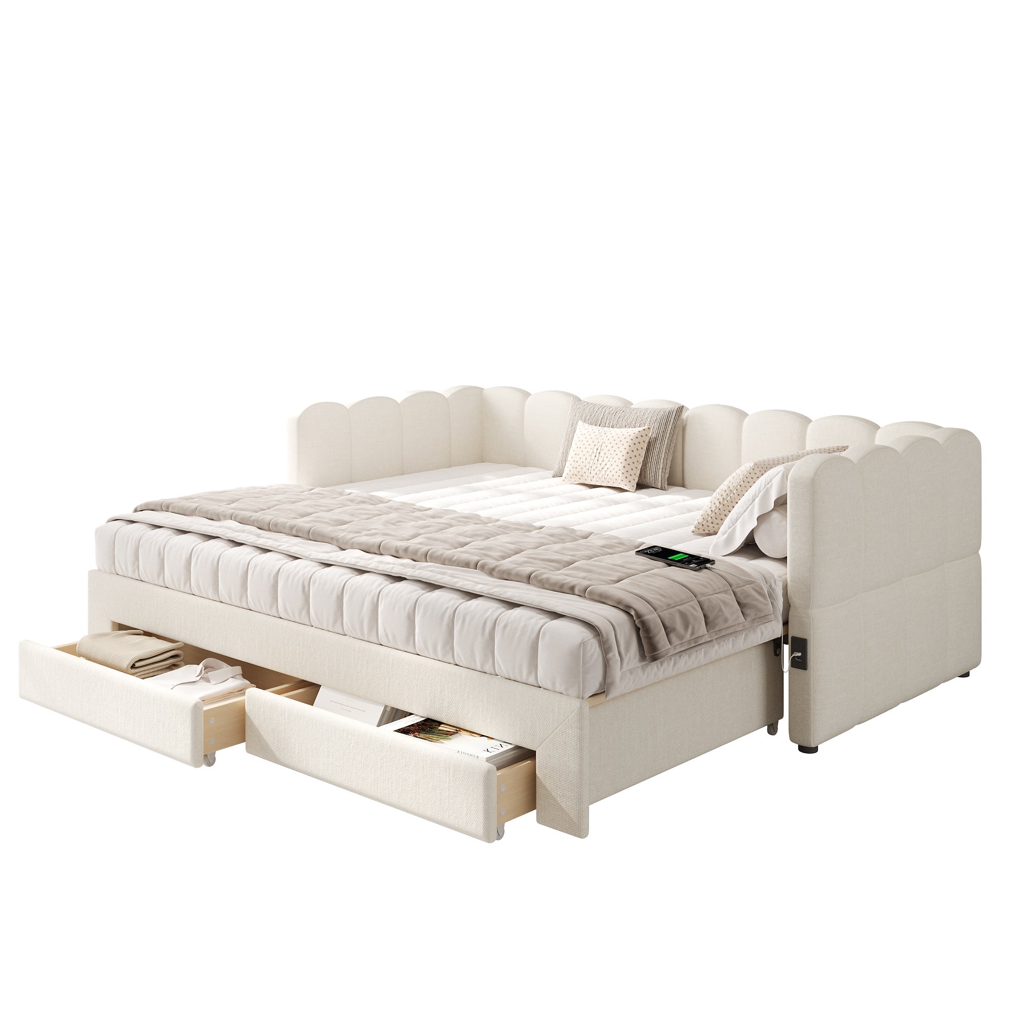Lit Gigogne 90x190cm Lit Banquette Extensible avec Tiroirs de Rangement, Ports USB & Type-C - Design Scandinave - Lin - Beige - 9