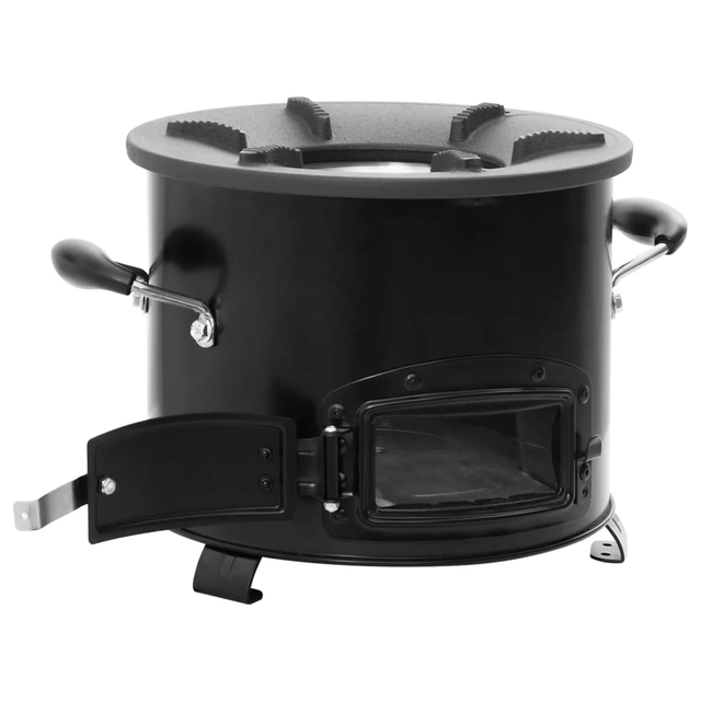 Poêle à Bois Camping Portable – Pliable, Acier Inox, Grille De Cuisson, Porte En Verre, Cheminée 2,5 M