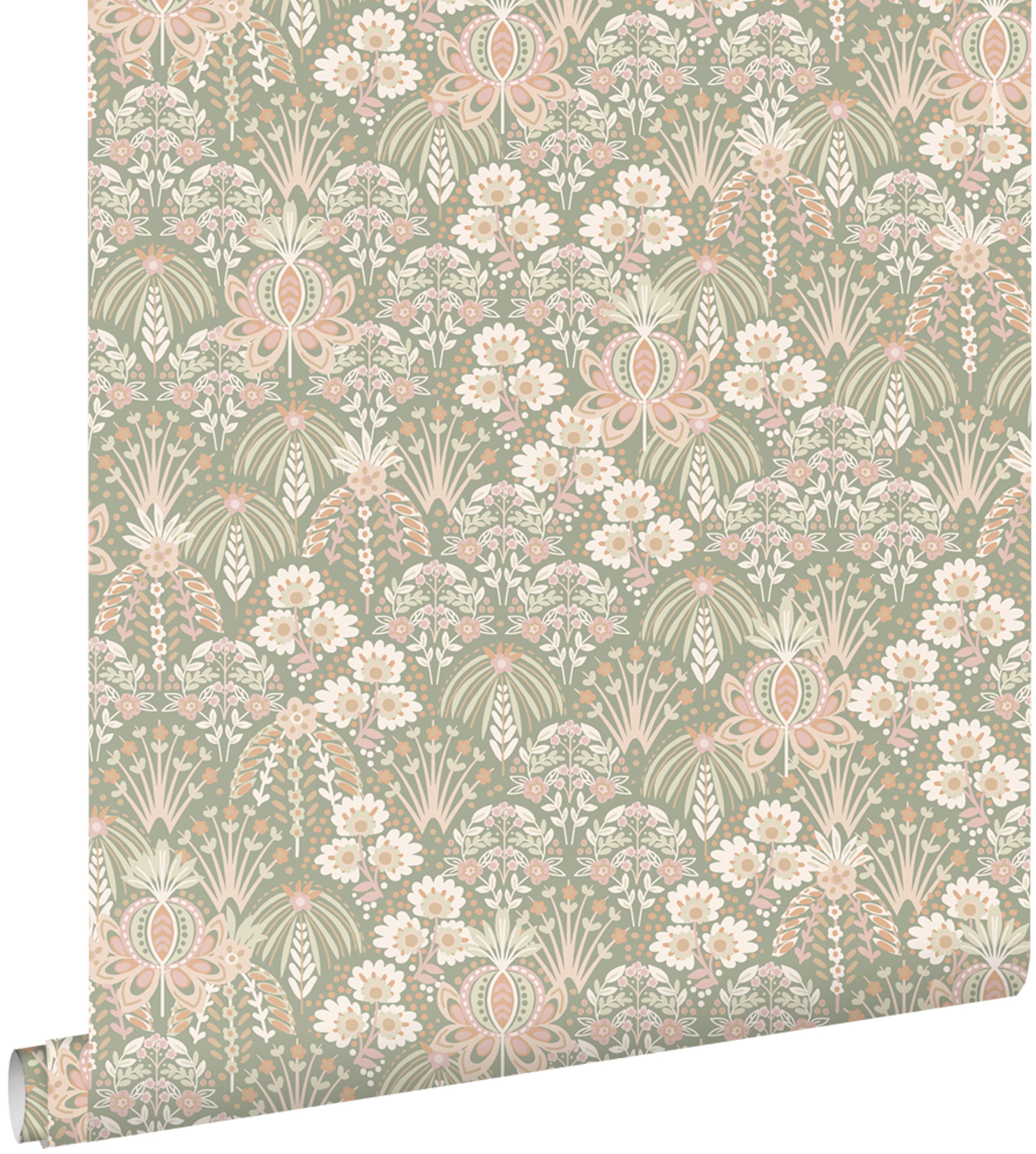Papel pintado flores vintage en estilo art nouveau verde grisáceo claro - 50 x 900 cm - estahome