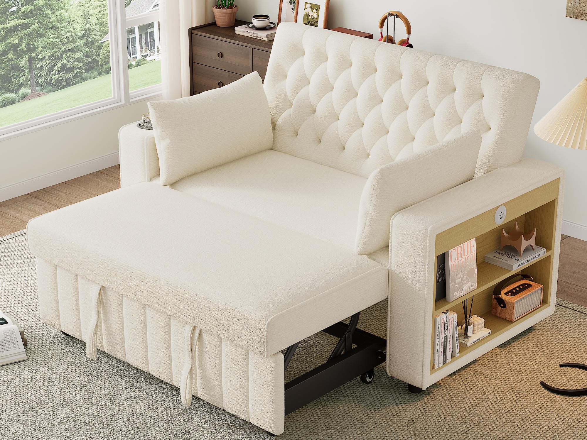 Nowoczesna sofa rozkładana dla 2 osób - z uchwytami na kubki - z portami ładowania USB - z poduszkami - tkanina Chenille - beżowa