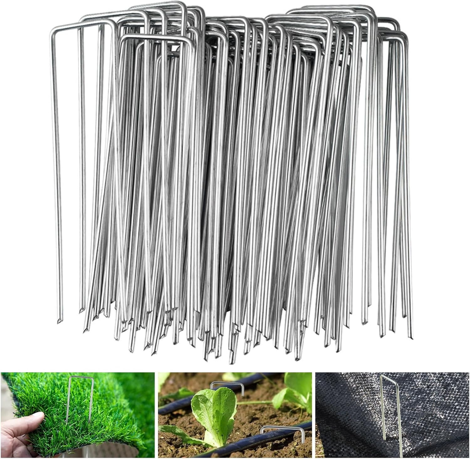 Zestaw 50 stalowych, ocynkowanych palików ogrodowych w kształcie litery U o wymiarach 150 x 50 mm i Ø 3 mm do krycia tkanin i siatki drucianej.