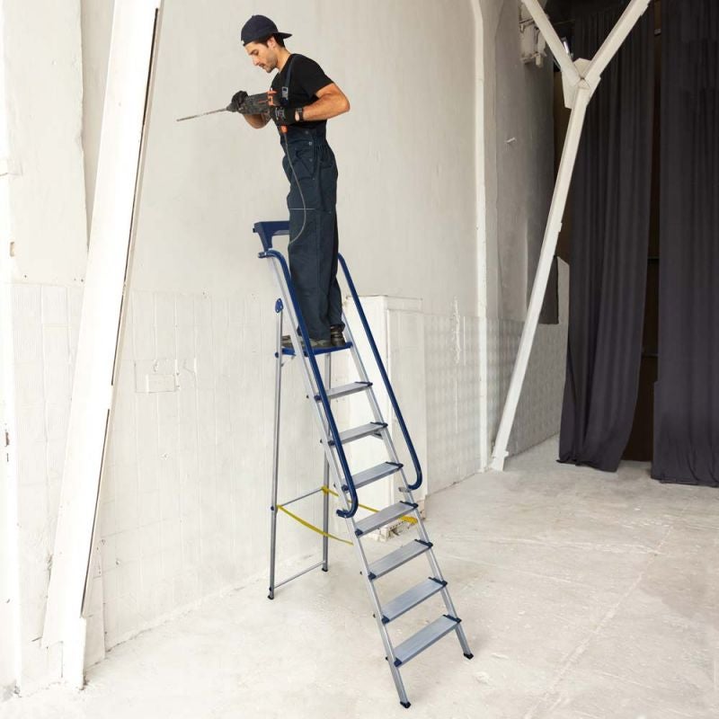 HOSTRÖM Escabeau 8 marches Secure pro, aluminium renforcé, sécurisé avec rampes, tablette porte-outils, hauteur plateforme 182cm, charge 150kg - 3