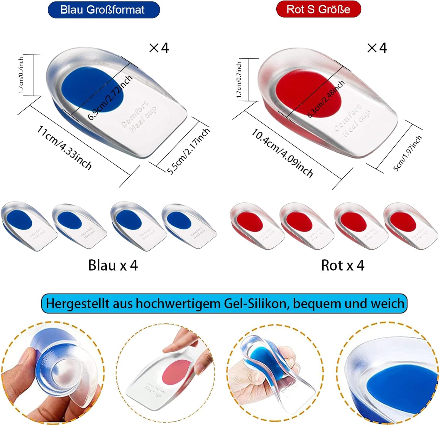 4 paires de talonnettes en silicone, coussinets en gel, semelles orthopédiques en gel de silicone, soulagement de la fasciite plantaire - 2