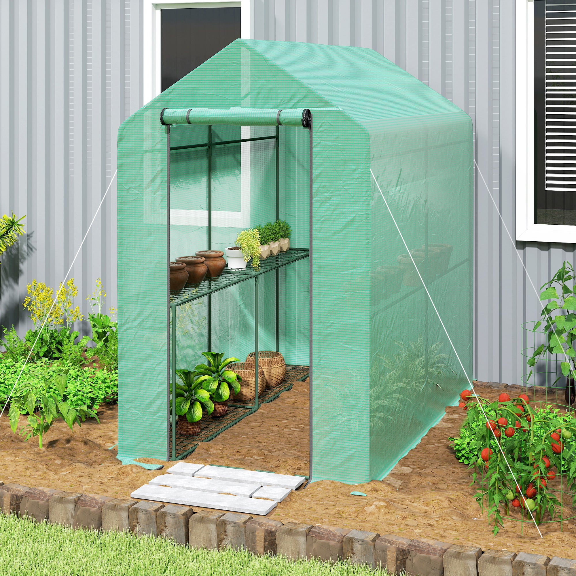 Serre de Jardin - Outsunny - étagère 2 niveaux porte zippée enroulable - bâche renforcée 140 g/m², châssis en acier - vert - 2