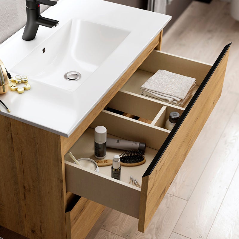 Meuble de salle de bain 80cm simple vasque - 2 tiroirs - TOURA - roble (chêne clair) - 2