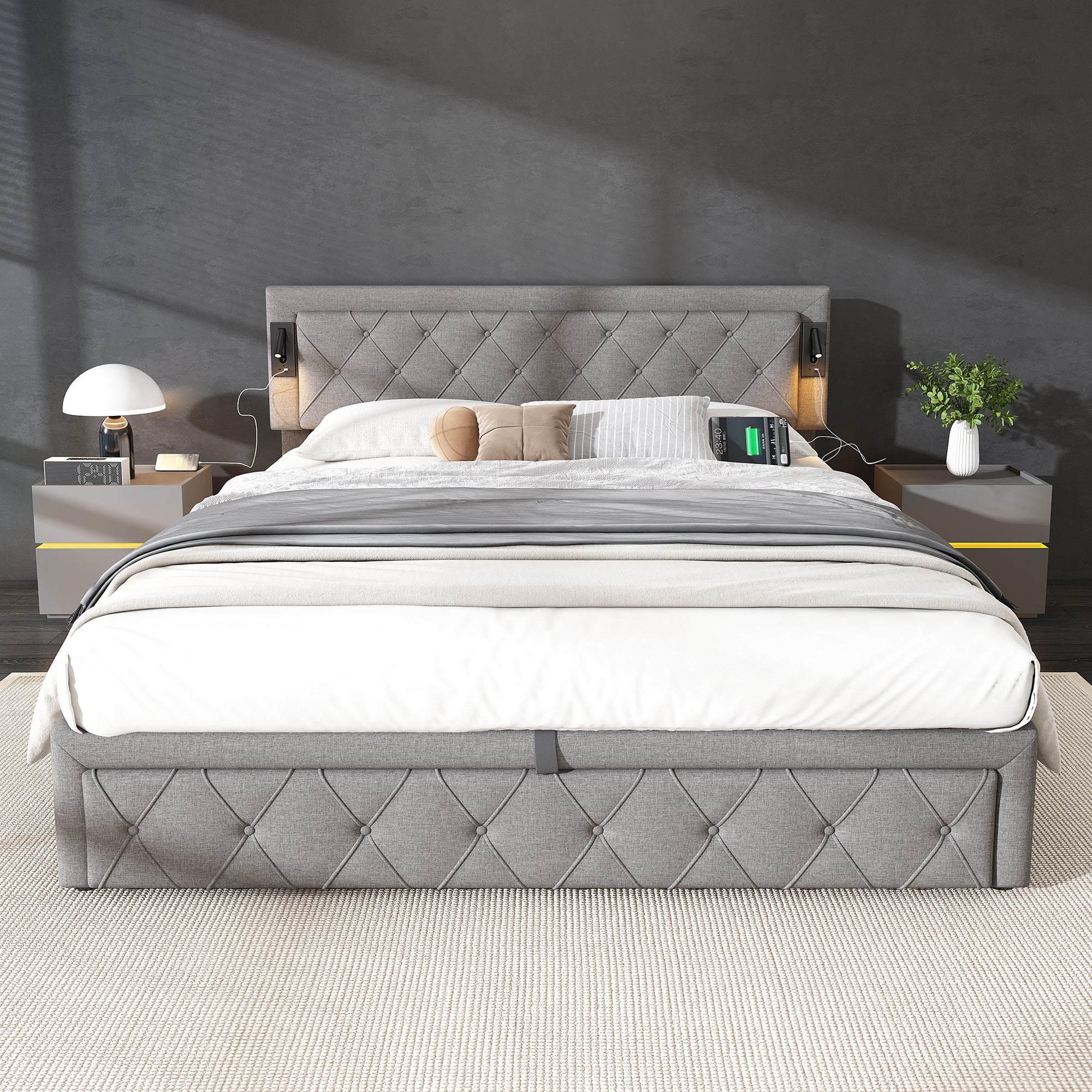 Cama contenedor de tela de lino 180x200 cm - con luz de lectura y toma USB - con somier - Gris - 2