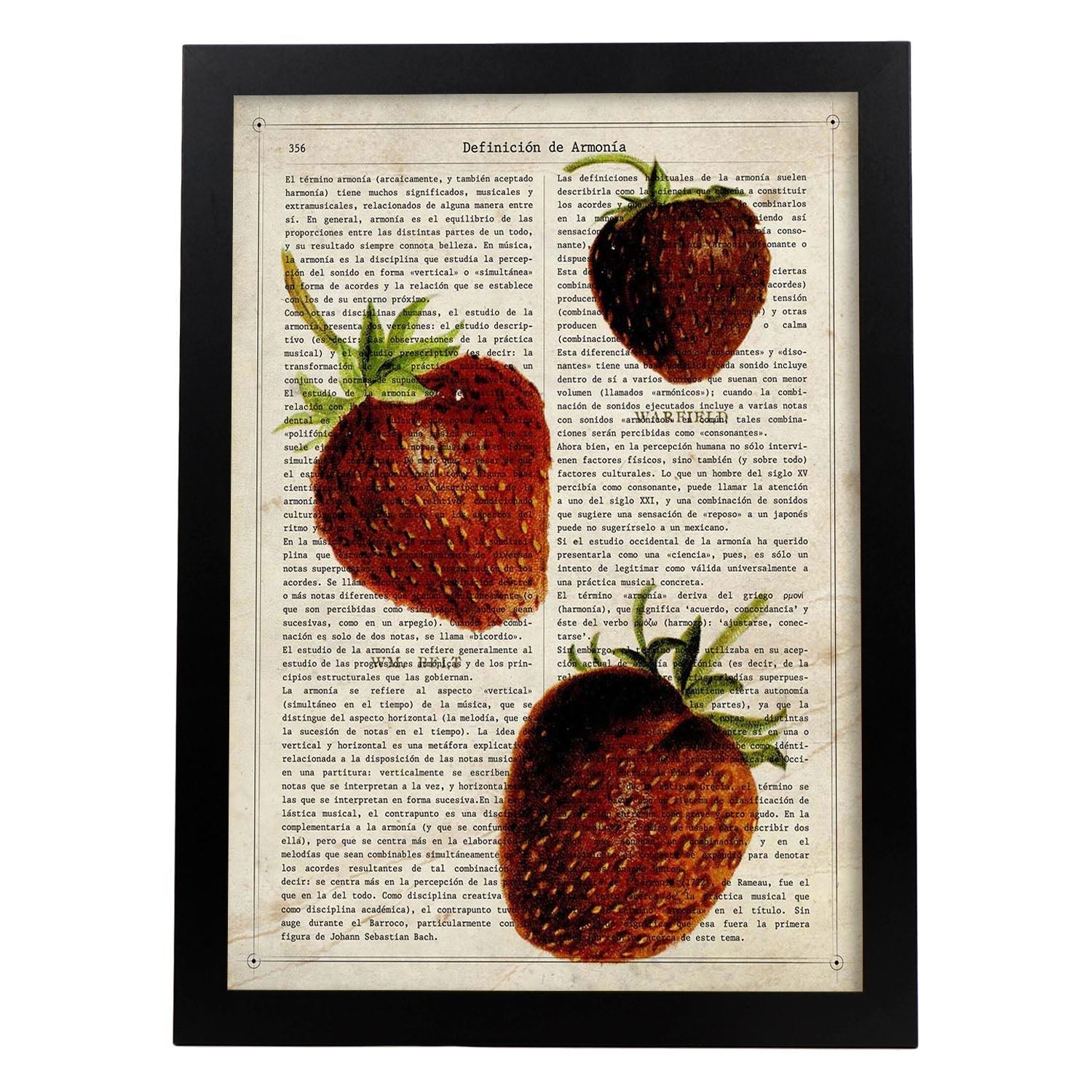 Poster de fresones. láminas de frutas y verduras con definiciones. ilustraciones de alimentacion vegetariana. marco madera clara - a3