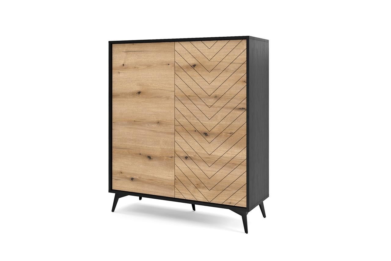 Wysoka komoda DIAMOND 104 cm – Dąb Evoke i Czarny Mat, 6 półek, jodełka