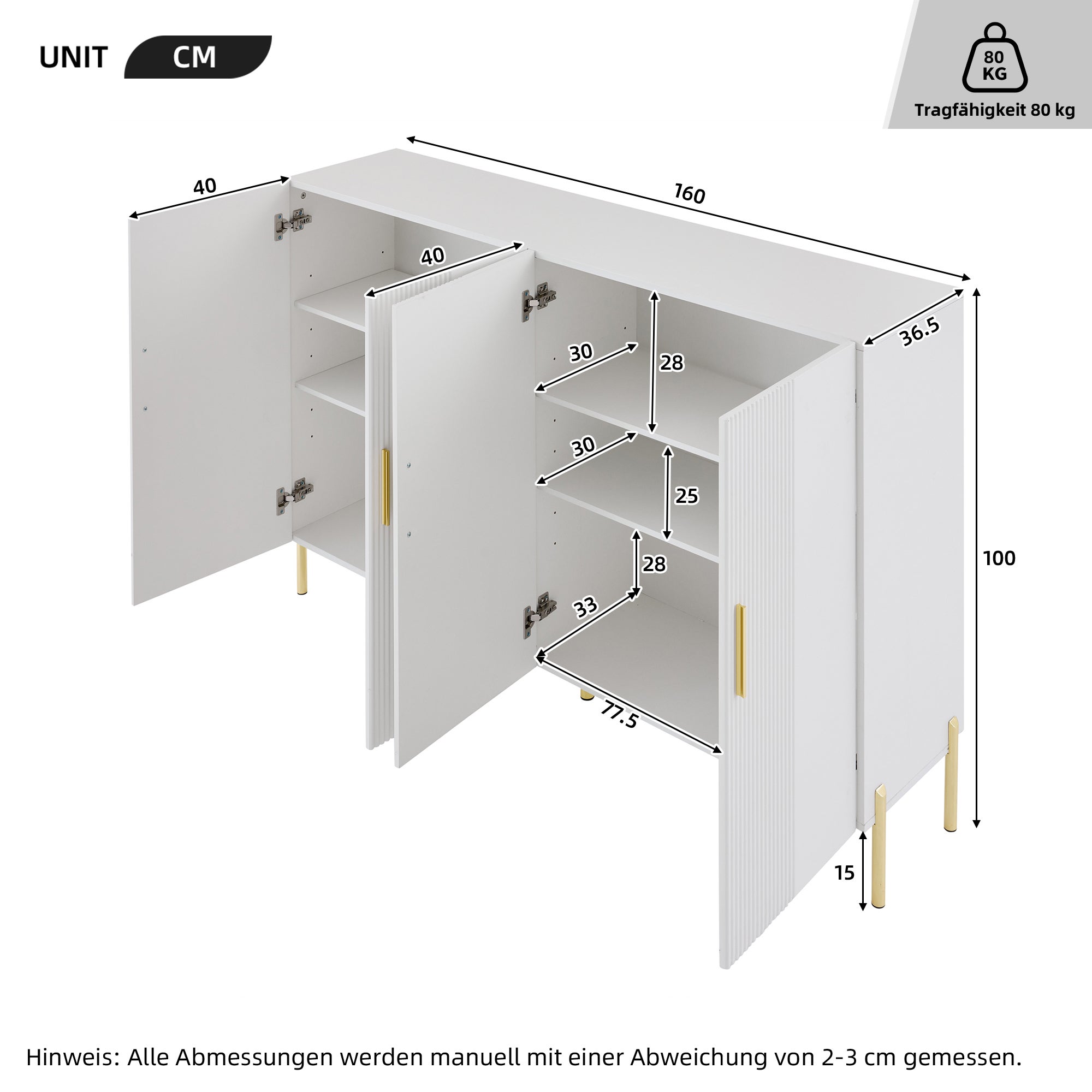 Buffet moderne avec 4 portes - 160 x 36.5 x 100 cm - Panneaux de particules - pour salle à manger - Blanc - 9