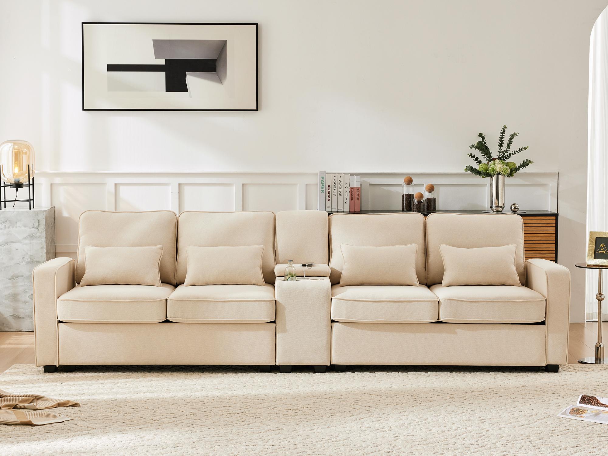 Nowoczesna 4-osobowa sofa z lnianej tkaniny - z portami USB i 2 uchwytami na kubki - Beżowy