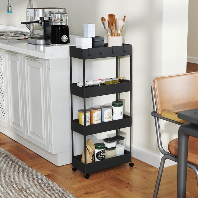 Wózek 4-poziomowy z kółkami i hamulcami, czarna półka kuchenna ABS 90 cm