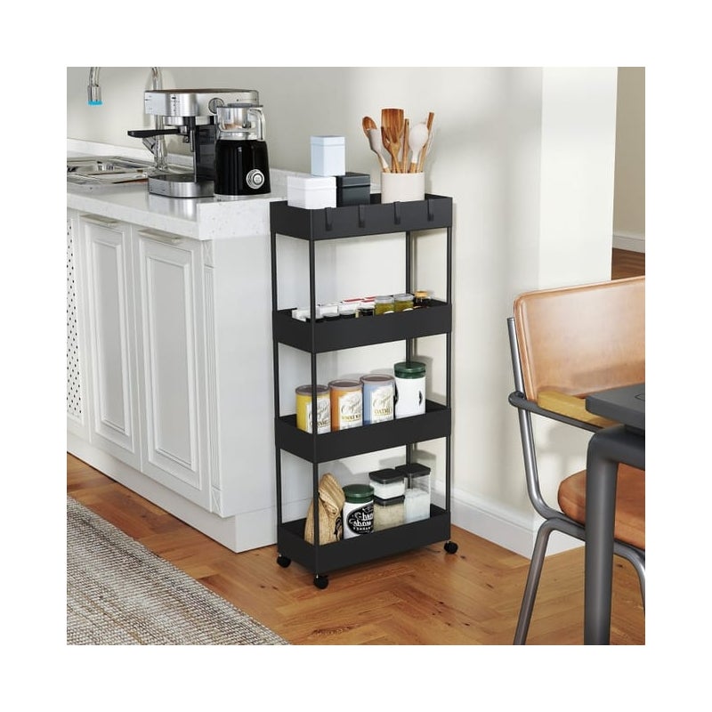 Wózek 4-poziomowy z kółkami i hamulcami, czarna półka kuchenna ABS 90 cm