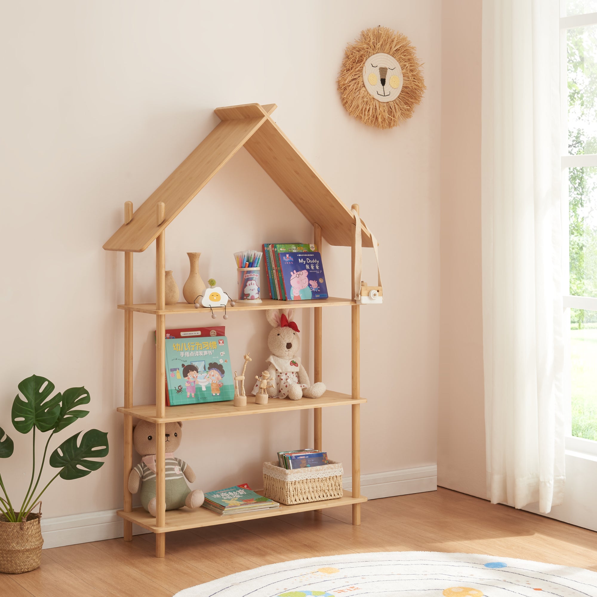 Bibliothèque Enfant 3 Niveaux HOMYLIN - Étagères En Maille Et Plateau MDF - Rangement Livres Et Jouets - Marron - 5