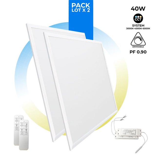 Lot de 2 - Panneau LED extra-plat CCT dimmable avec télécommande - 60x60cm - 40W
