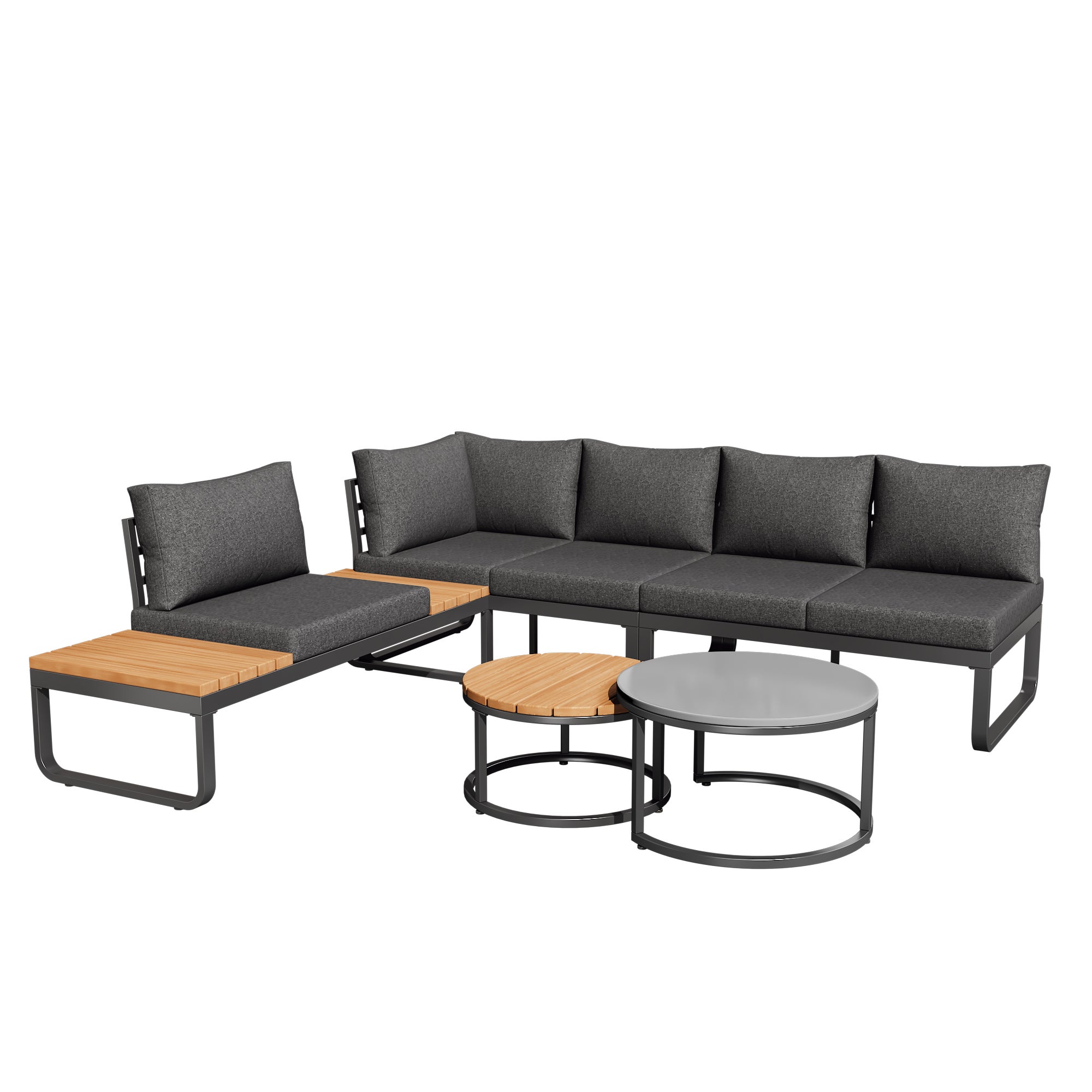 Salon de jardin modulable en fer galvanisé : 2 canapé 2 places + 1 canapé 1 place + 1 tabouret + tables basses gigognes - Gris - 4