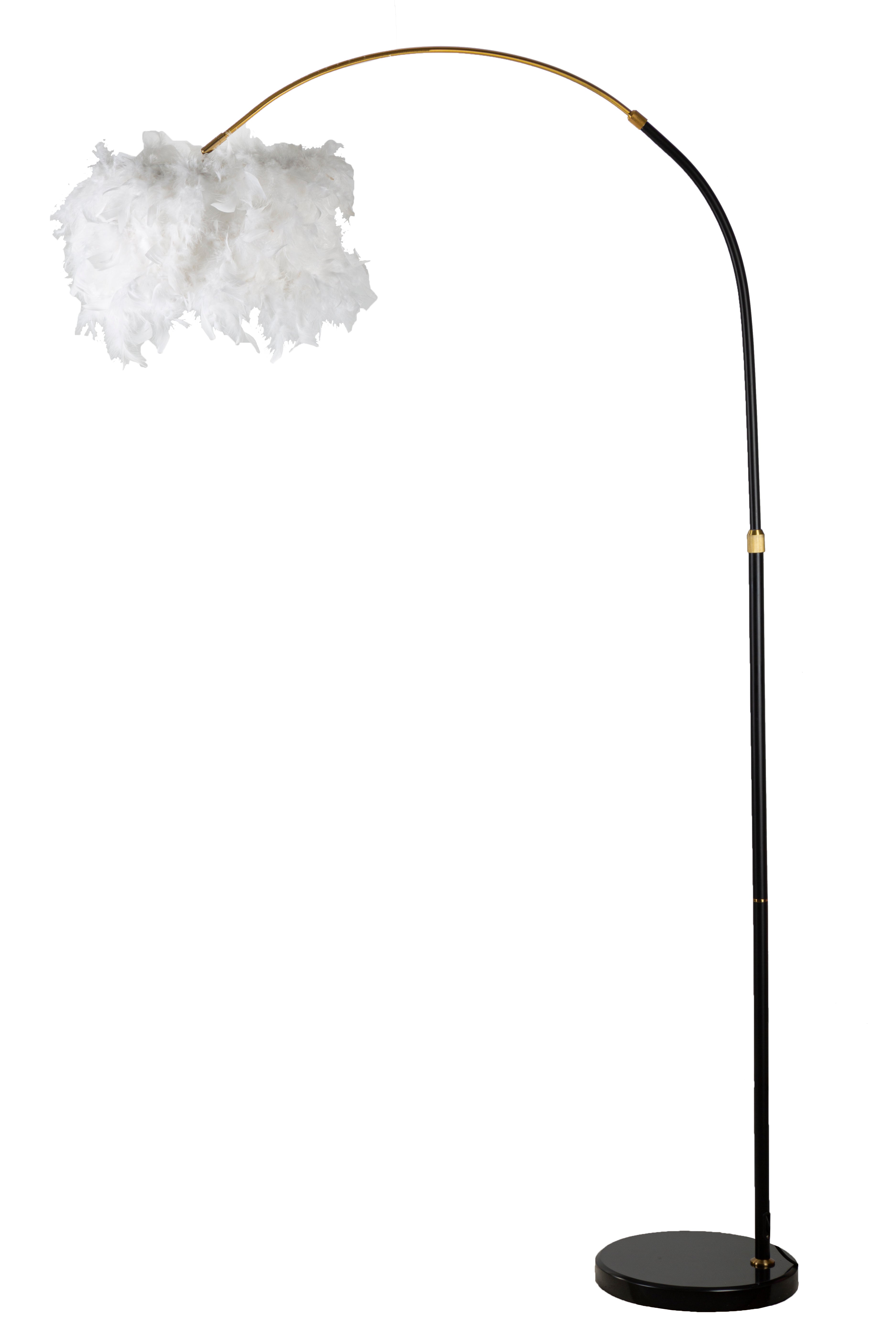 Czarno-biała,wygięta lampa podłogowa,marmur,plastik,klosz z syntetycznych piór,regulowana wysokość 150-180cm,nowoczesny i elegancki design