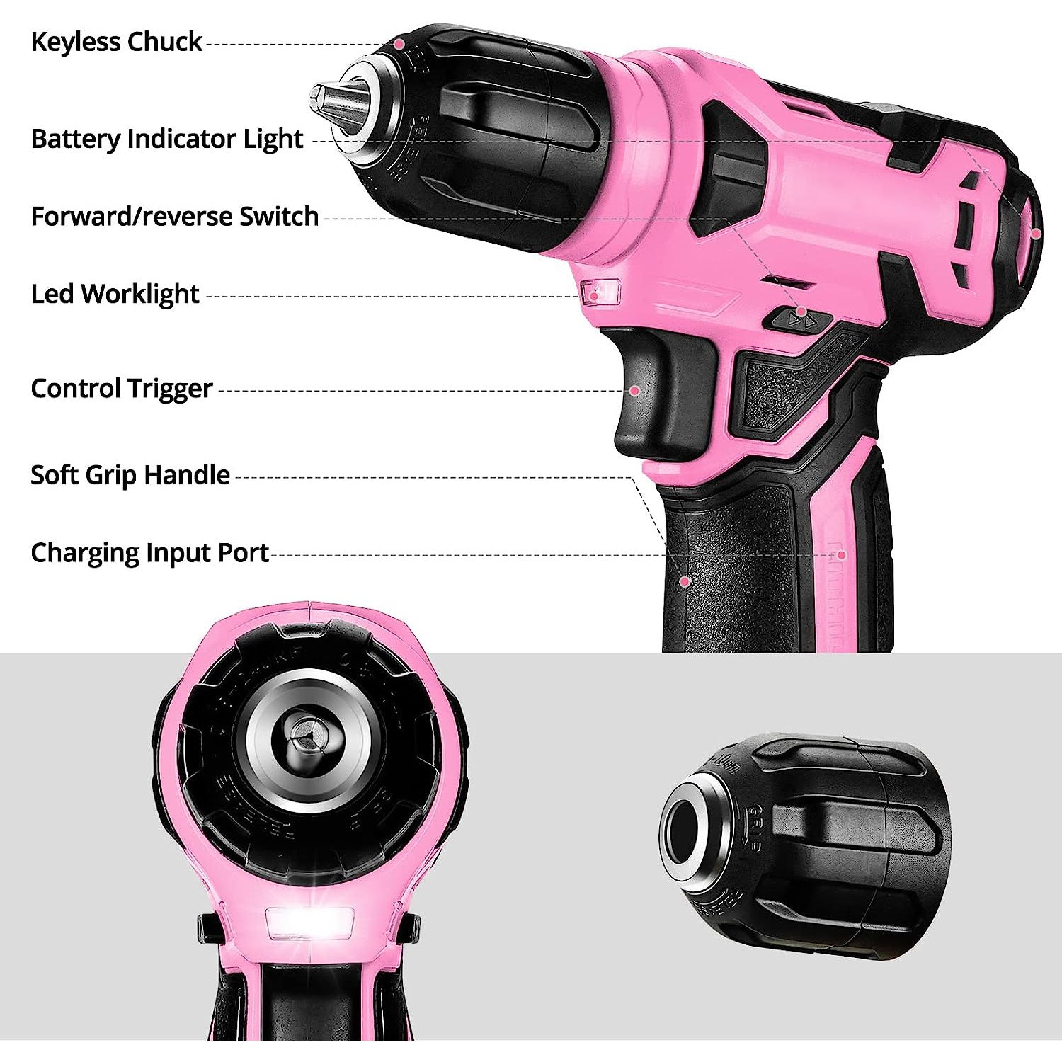 Malette d'outils complète rose 126 pièces, avec perceuse-visseuse sans fil 8V - Idéale pour la réparation et l'entretien à la maison. - 4