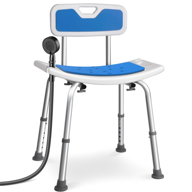 Chaise de douche avec dossier ergonomique a hauteur reglable en aluminum HDPE bleu VOUNOT®