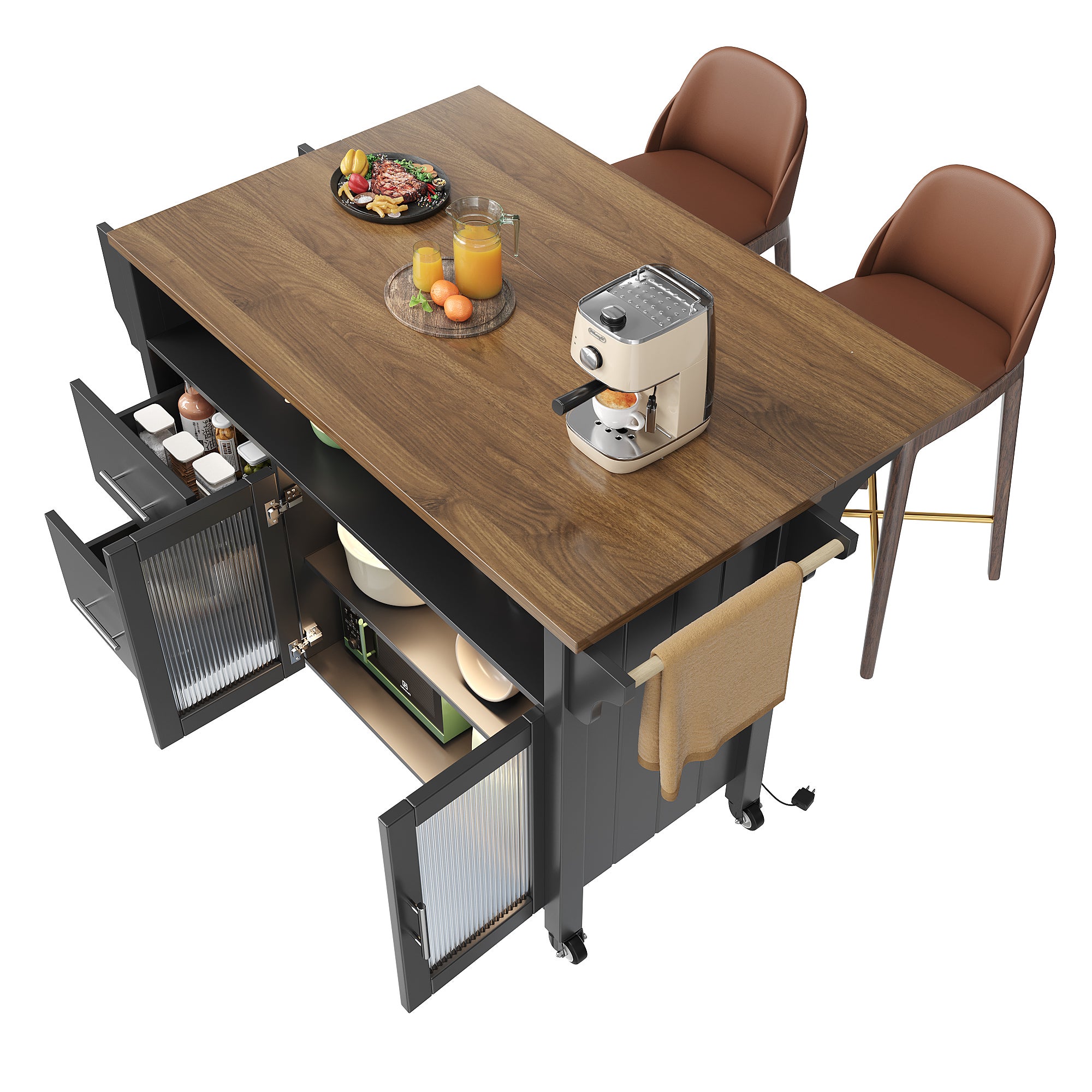 Isla de cocina móvil - encimera extensible - con LED - 2 cajones y 2 puertas - con toallero - MDF - negro + natural - 5