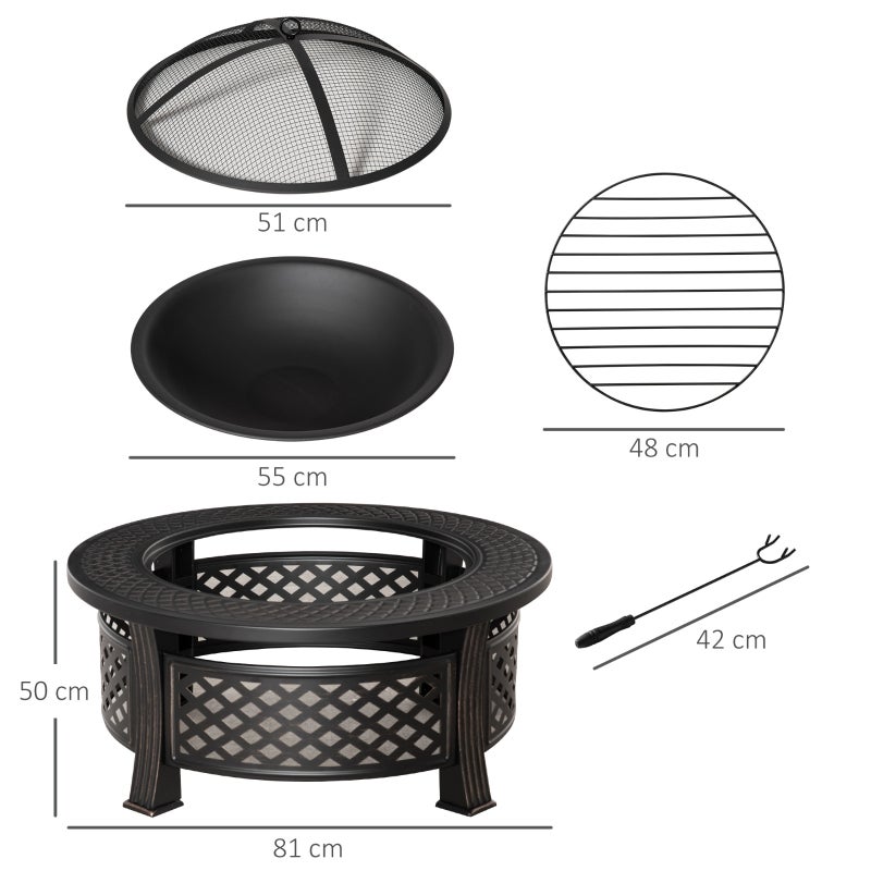 Brasero rond 81x81x50 cm en acier noir, 2-en-1 foyer extérieur et barbecue avec couvercle pare-étincelles et tisonnier - 3