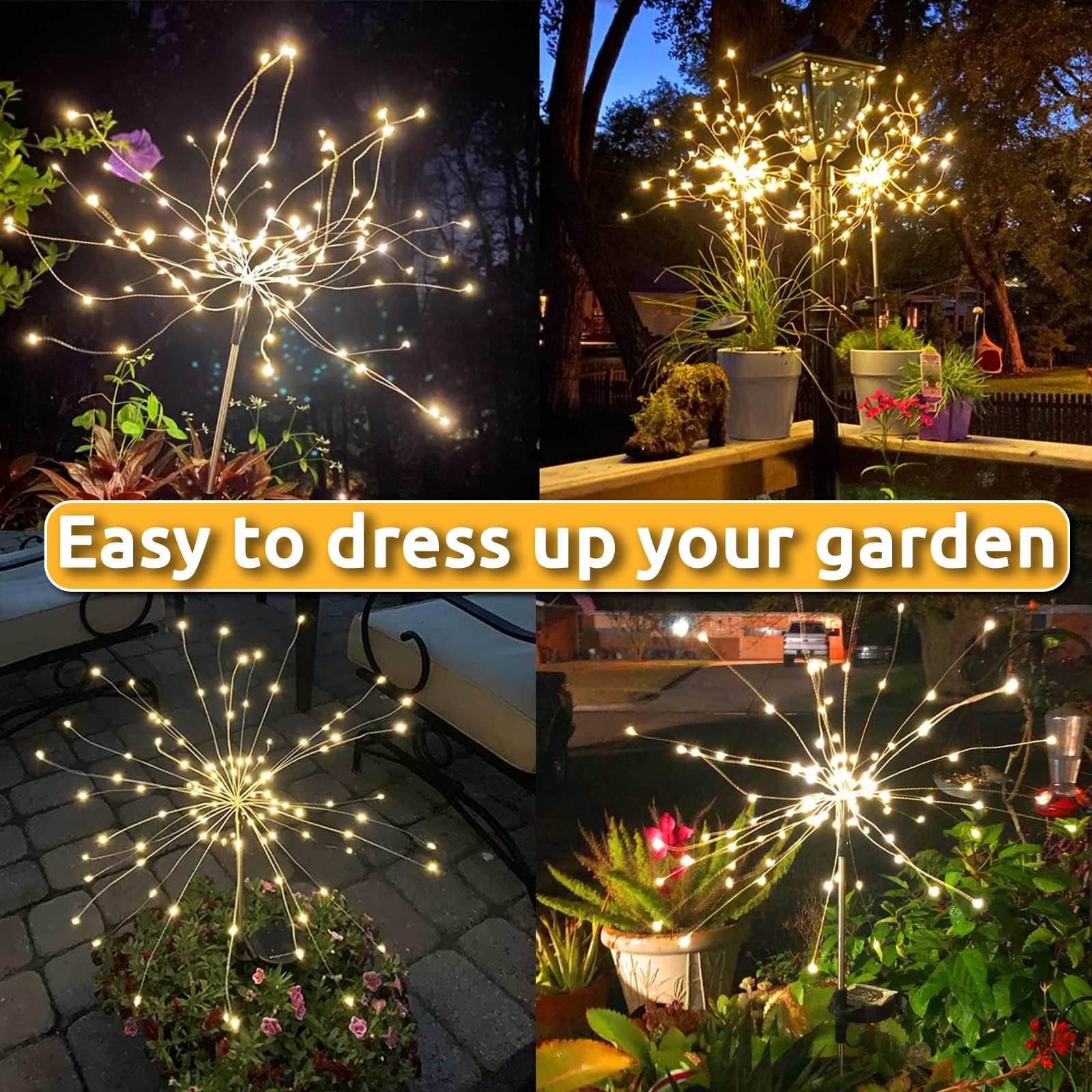 Lot de 2 lampes solaires extérieures 120 LED,effet feu d’artifice,IP65 étanche,8 modes d’éclairage,pour terrasse,jardin,chemins,décor blanc chaud - 8