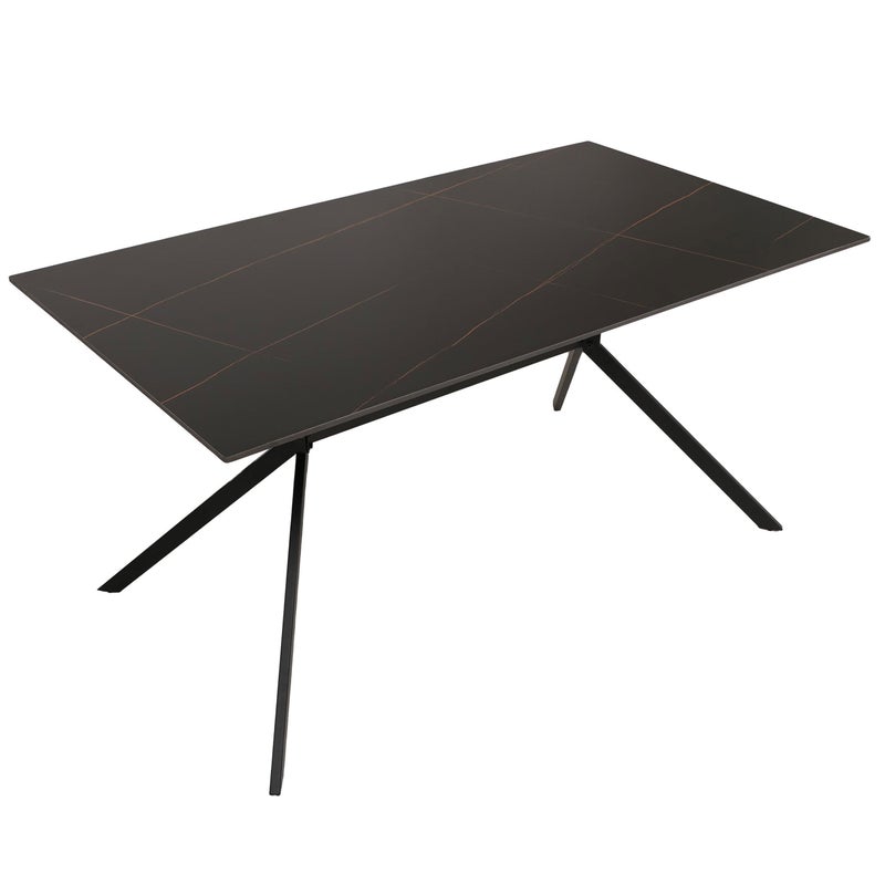 Stół do jadalni HWC-O58, stół do jadalni z kamienia spiekanego i metalu, wygląd marmuru 160 cm ~ czarno-złoty