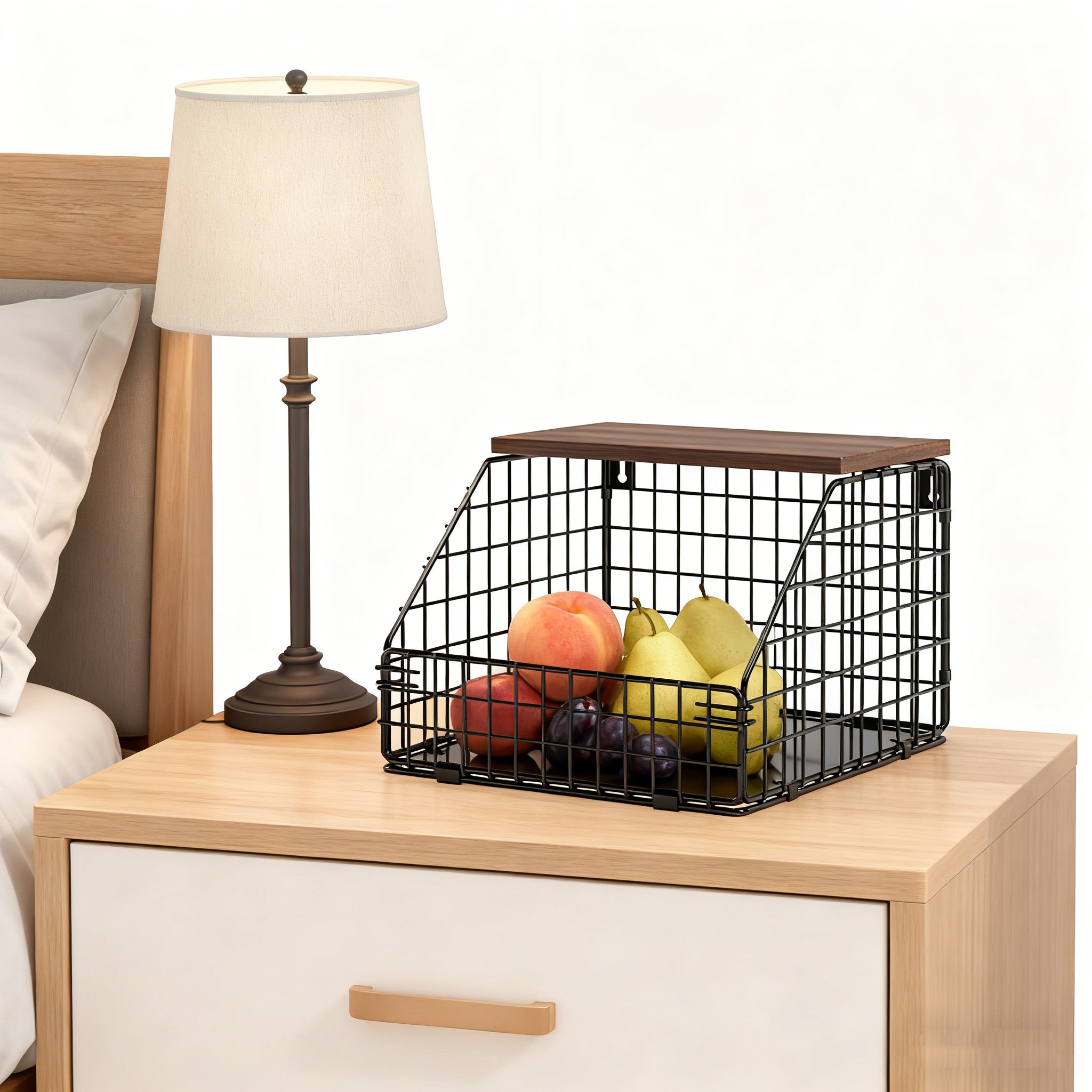 Cesti frutta impilabili con coperchio in legno, cesto a muro con 2 ganci per cucina, organizzatore salvaspazio per il banco cucina - 6