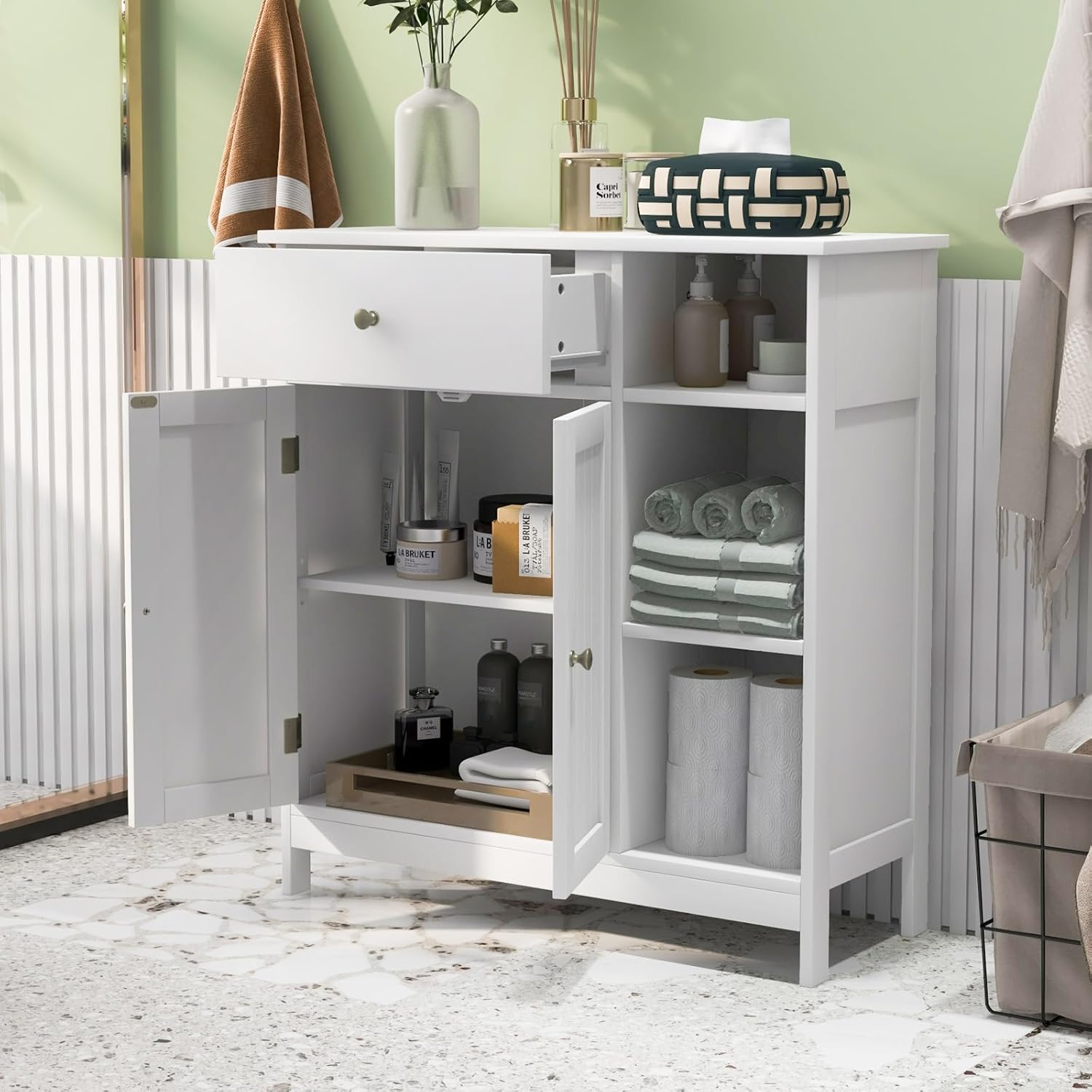 Mobiletto Bagno Due Ante Mobile Da Bagno Armadietto Da Terra Due Ante Doppia Apertura Bianco 70x35x90cm BZR121-W Mobili Bagno - 11