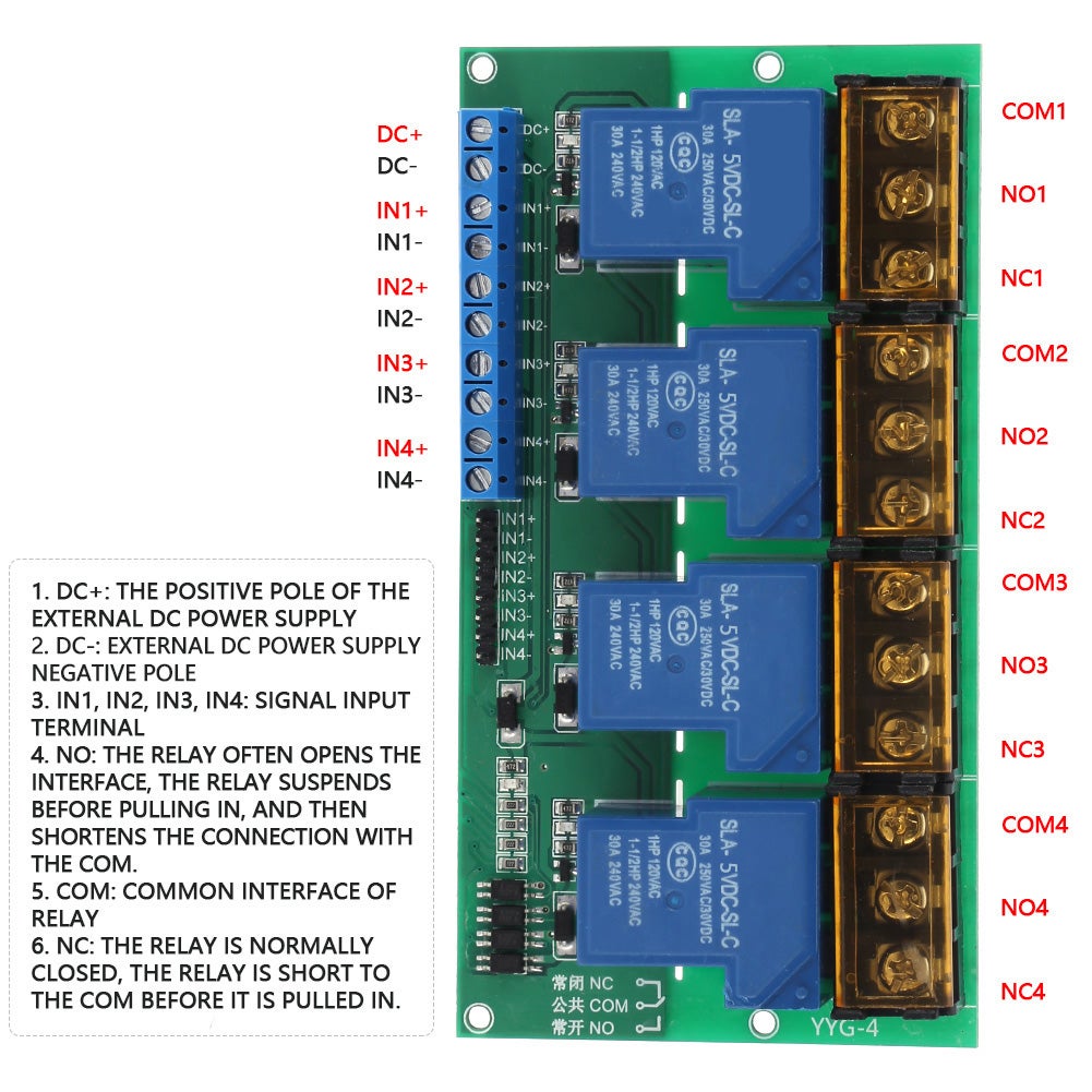 Modulo relè a quattro vie ad alta potenza, pannello di controllo, isolamento optoaccoppiatore 30A YYG-4 DC5V - 5