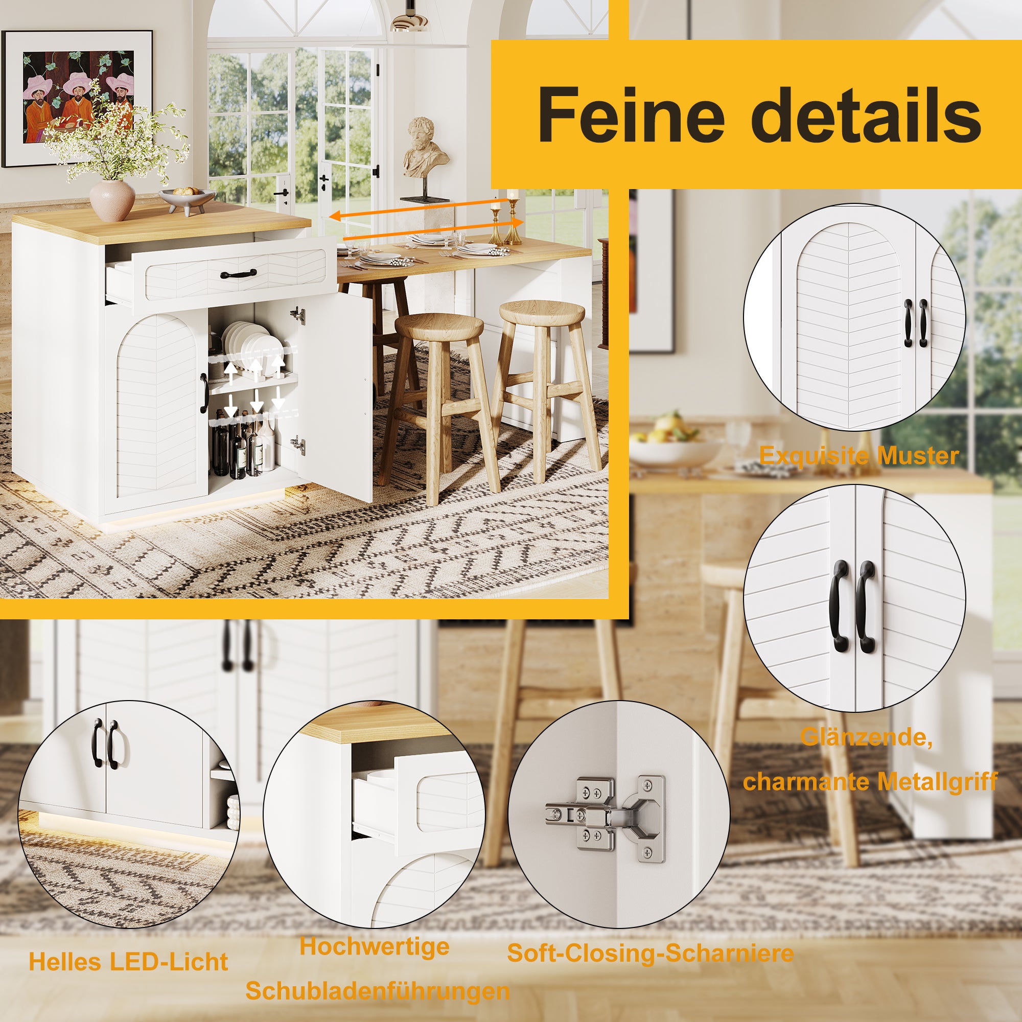 Îlot de cuisine avec lumière LED,Bar de cuisine moderne avec 2 tiroirs et 4 portes,Îlot de cuisine fixe avec table à manger gigogne,Blanc - 3