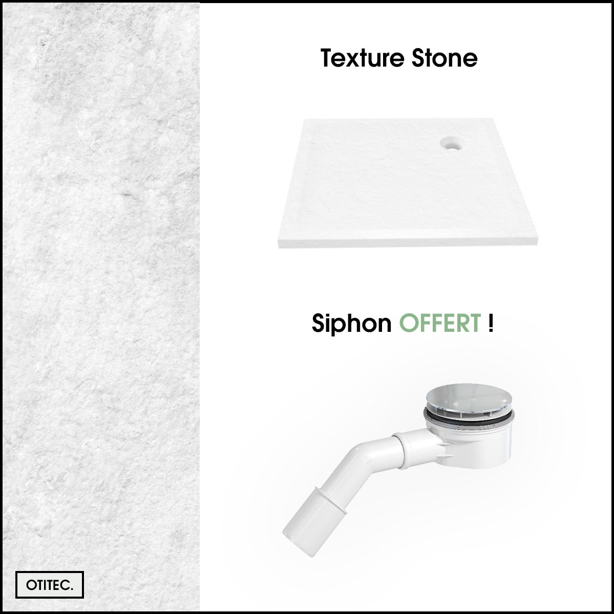 Receveur de Douche Carré - 80 x 80 x 4,5 cm - Blanc Effet Pierre - avec Siphon OFFERT - MOON STONE - 3