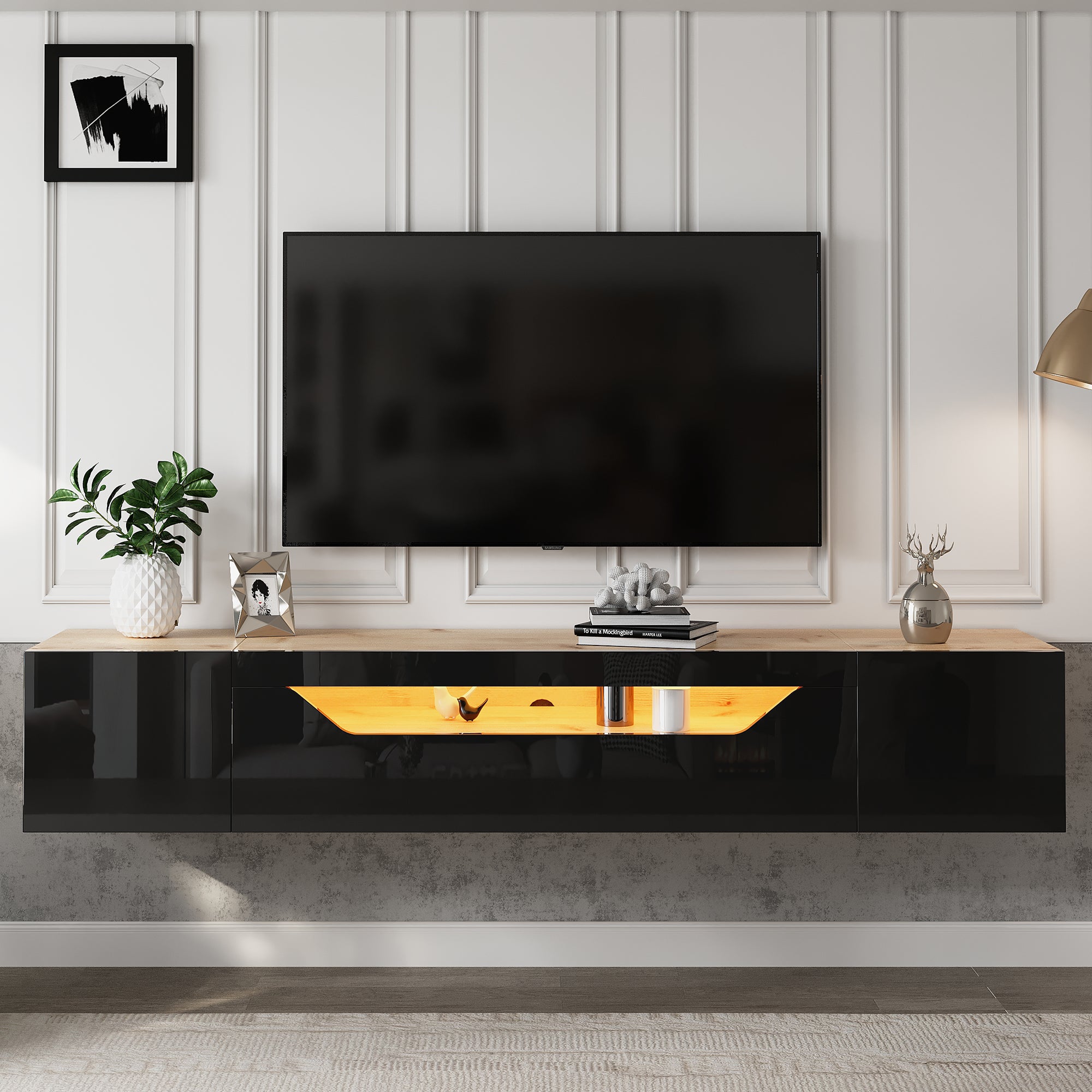 Szafka RTV wisząca 180x37x36cm - z 2 drzwiami - z oświetleniem LED - do TV 75" - kolor czarny i naturalny