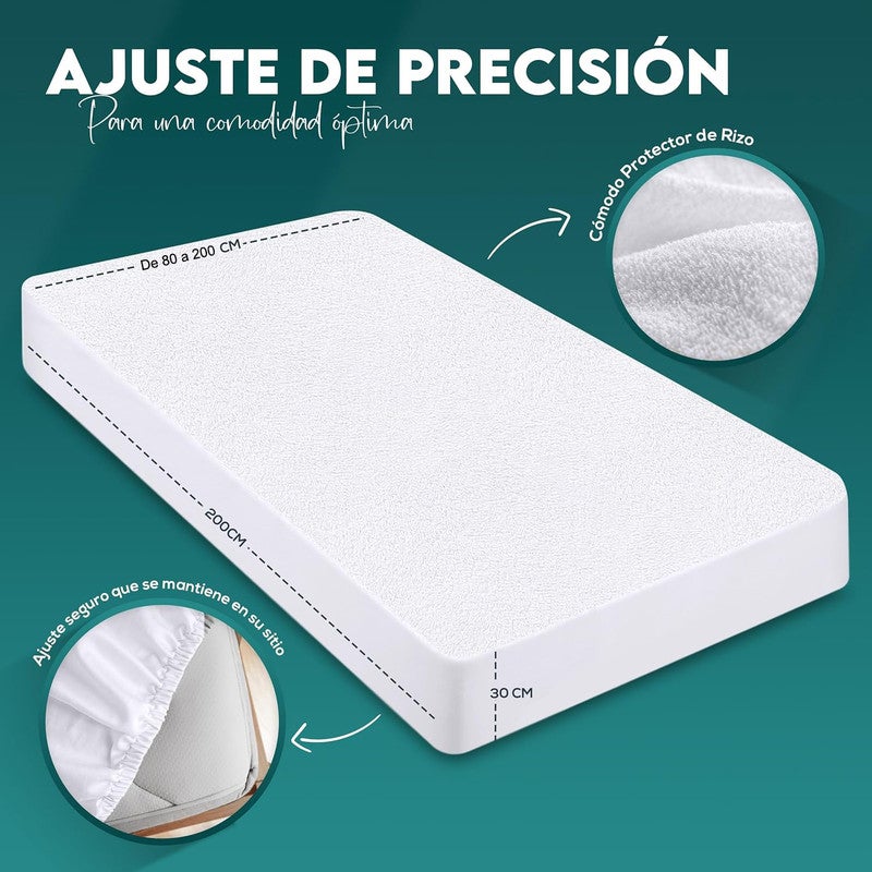 Protector de Colchón Rizo, Impermeable, Funda Colchón, Cubre Colchón Transpirable, Ajustable Elástico en el Contorno - Cama 150 x 190/200 + 30 CM - 2