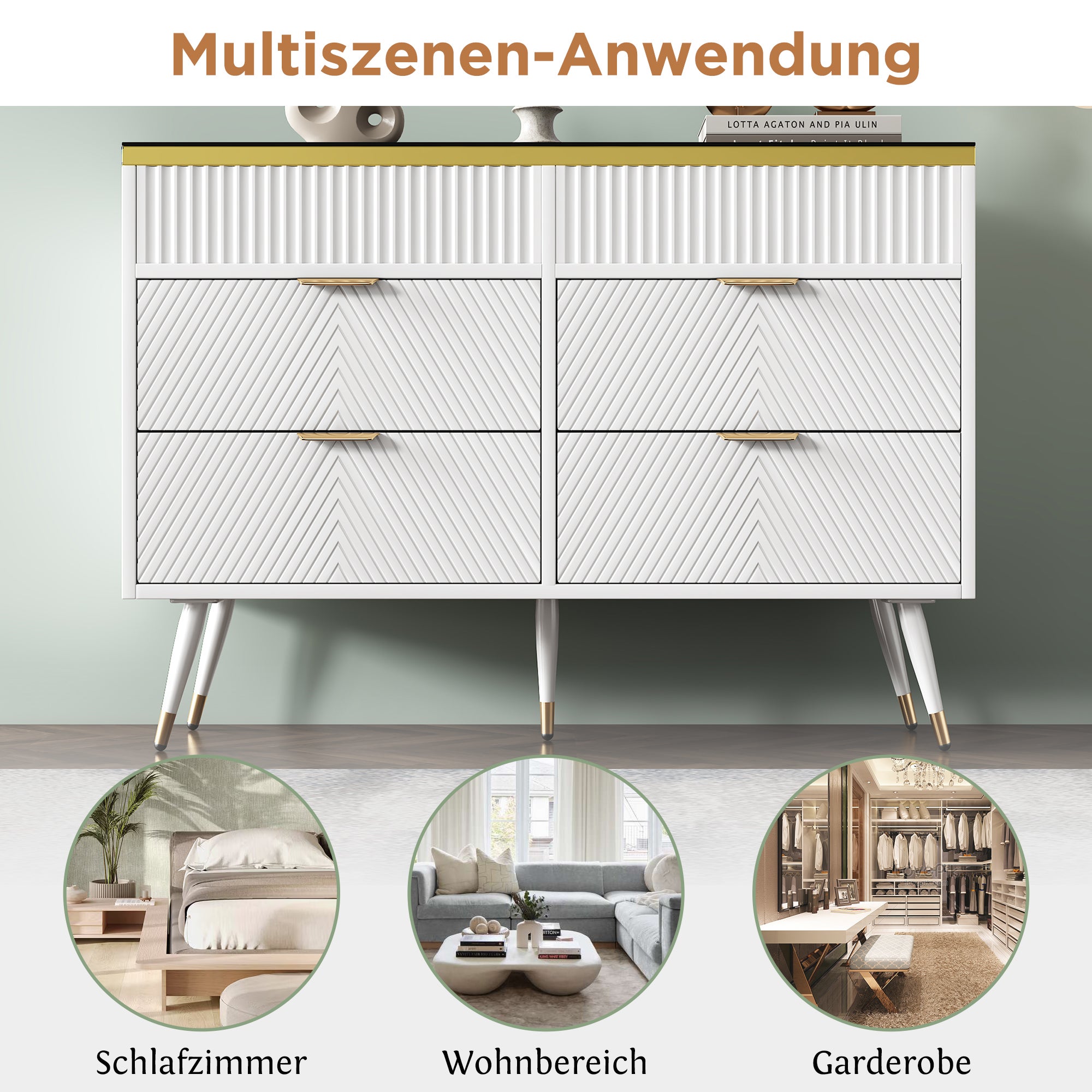 Cassettiera con 6 cassetti - 120 x 40 x 76 cm - vetro ambrato e pannelli di particelle - bianco - 3
