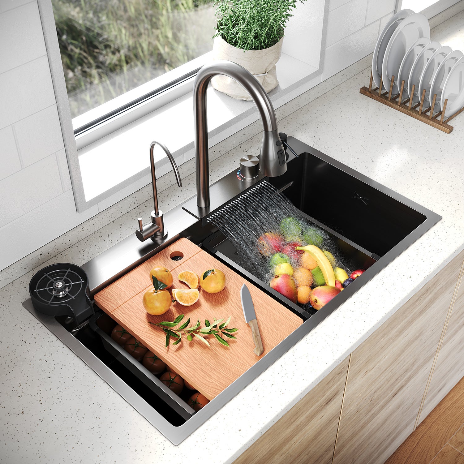SIRHONA Évier Inox Encastré 1 Bac avec Escamotable + Cascade Robinet 80x45cm - 2