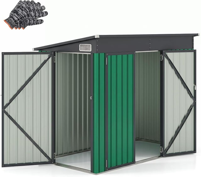 Metalowy domek ogrodowy (2,6m²/4,82m³), ​​domek zewnętrzny ze stali ocynkowanej z zasuwą, zamykanymi drzwiami i spadzistym dachem, zielony