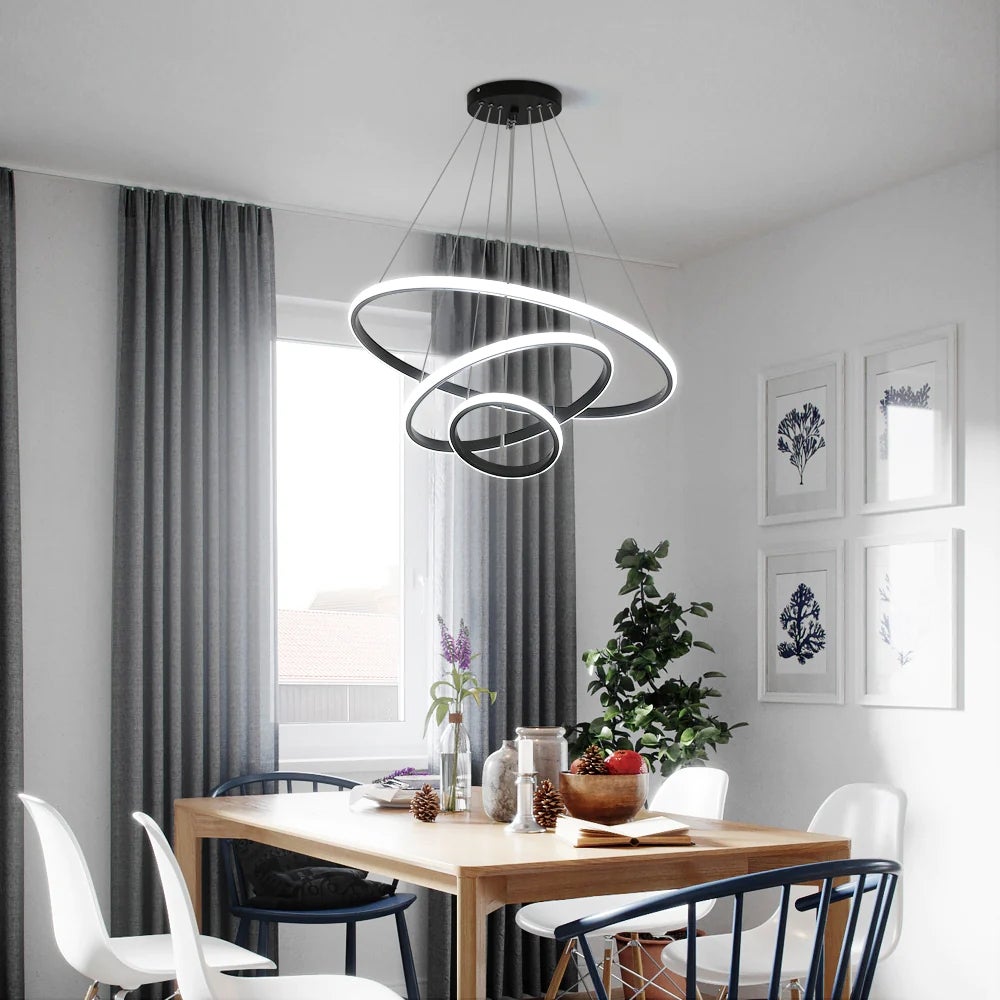 GOECO Suspension Luminaire - Lustre LED Moderne pour Salon Salle à Manger - Lumière Variable 3000K/4000K/6500K, Hauteur Réglable - Noir - Ø.20+40+60cm - 9