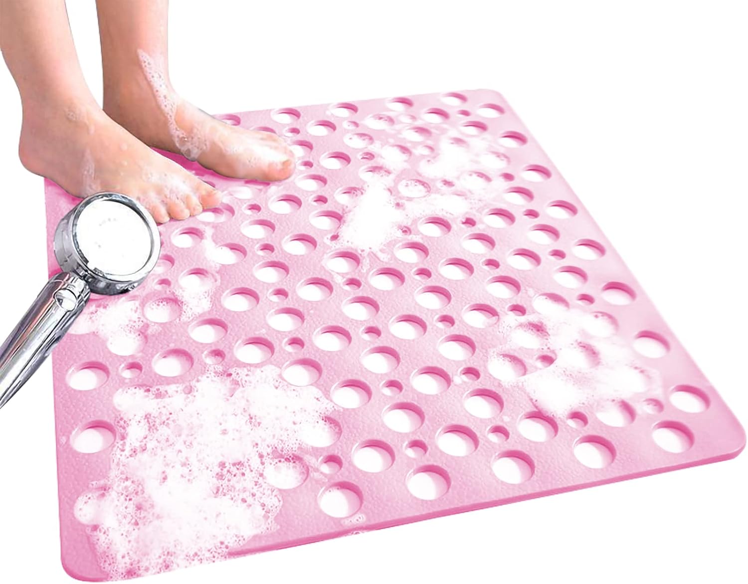 Mata prysznicowa antypoślizgowa, odporna na pleśń, antybakteryjna, z przyssawką i otworem odpływowym, różowa, 38 x 70 cm.