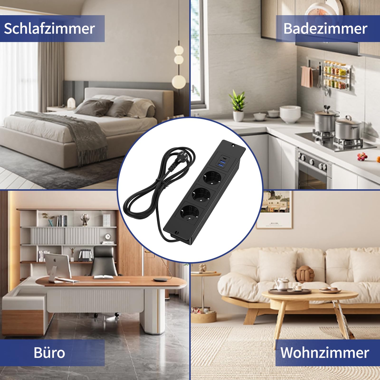 Prise encastrée de bureau avec USB-C | 3 prises secteur + 2 ports USB-A | Câble d'alimentation 2 m,Noir - 7