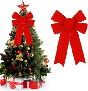 Grande Fiocco Rosso Per Albero Di Natale 33 Cm In Nastro Di Lino Con Filo Metallico - 3
