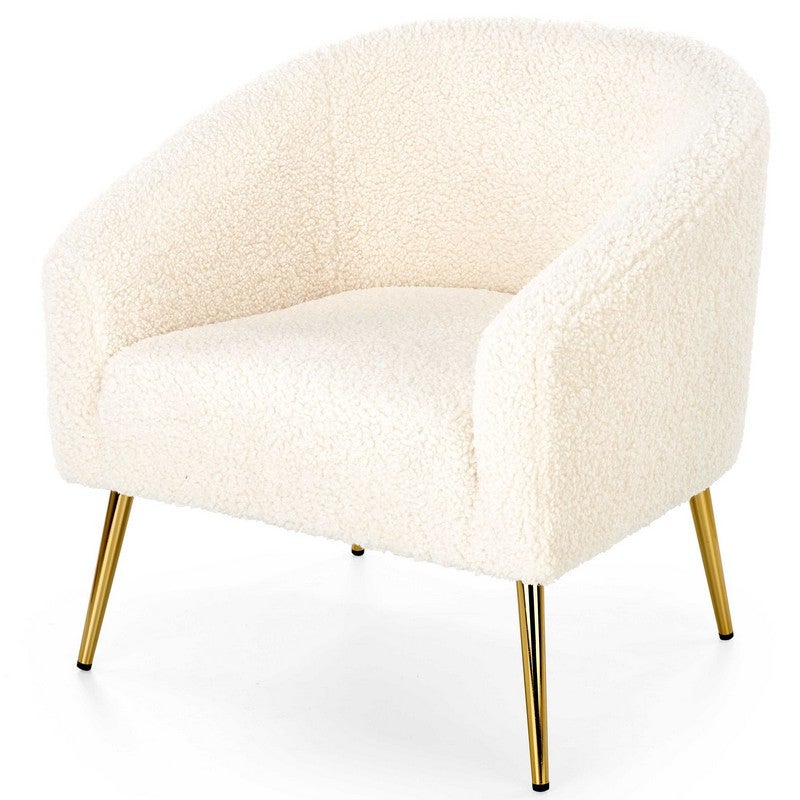 Fauteuil avec repose-pieds en tissu bouclé pieds en métal dorés chaise