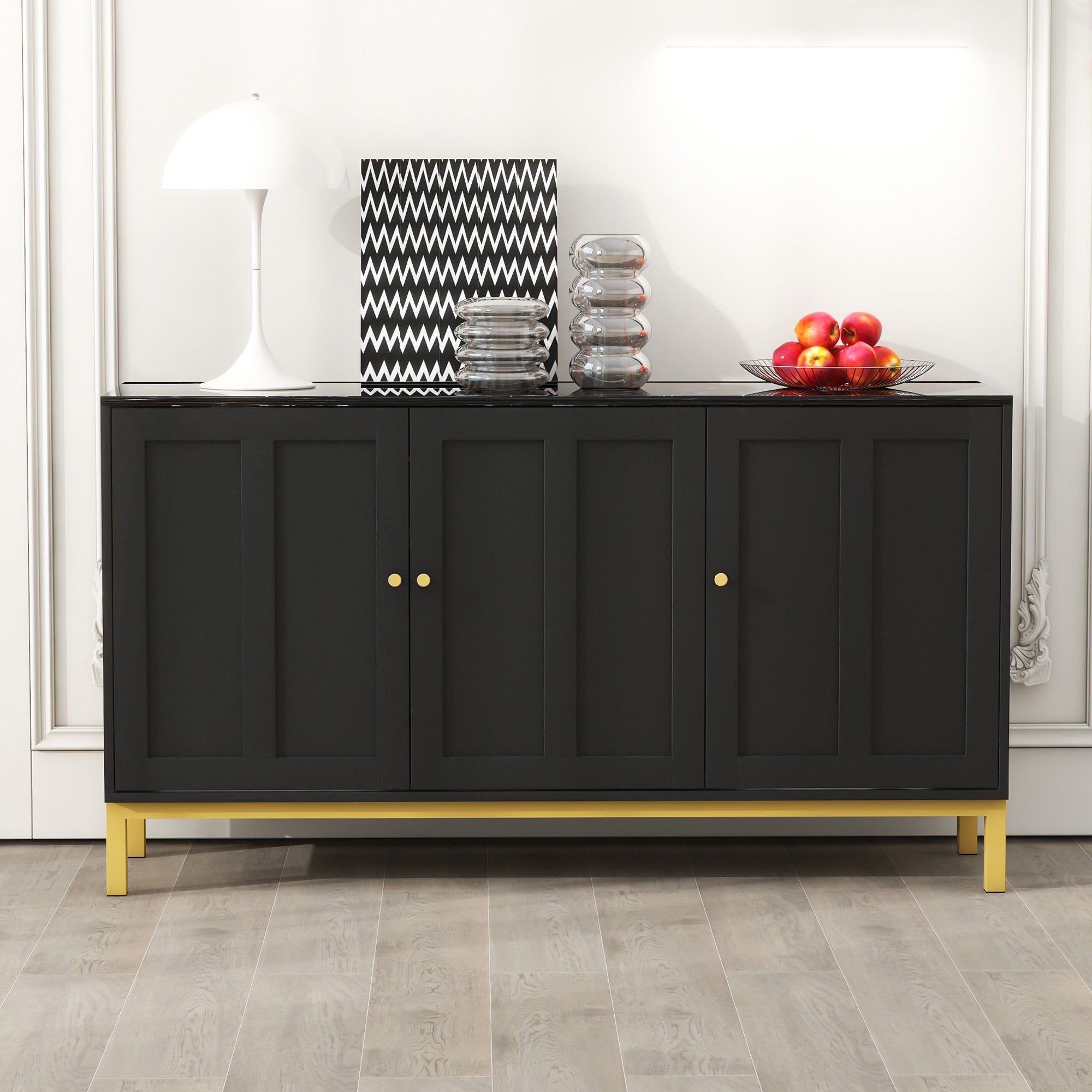 Comò SUKY 6 Cassetti 120x40x80 Cm – Bianco Lucido Con Maniglie Oro E Motivi Geometrici, Per Camera Da Letto E Soggiorno