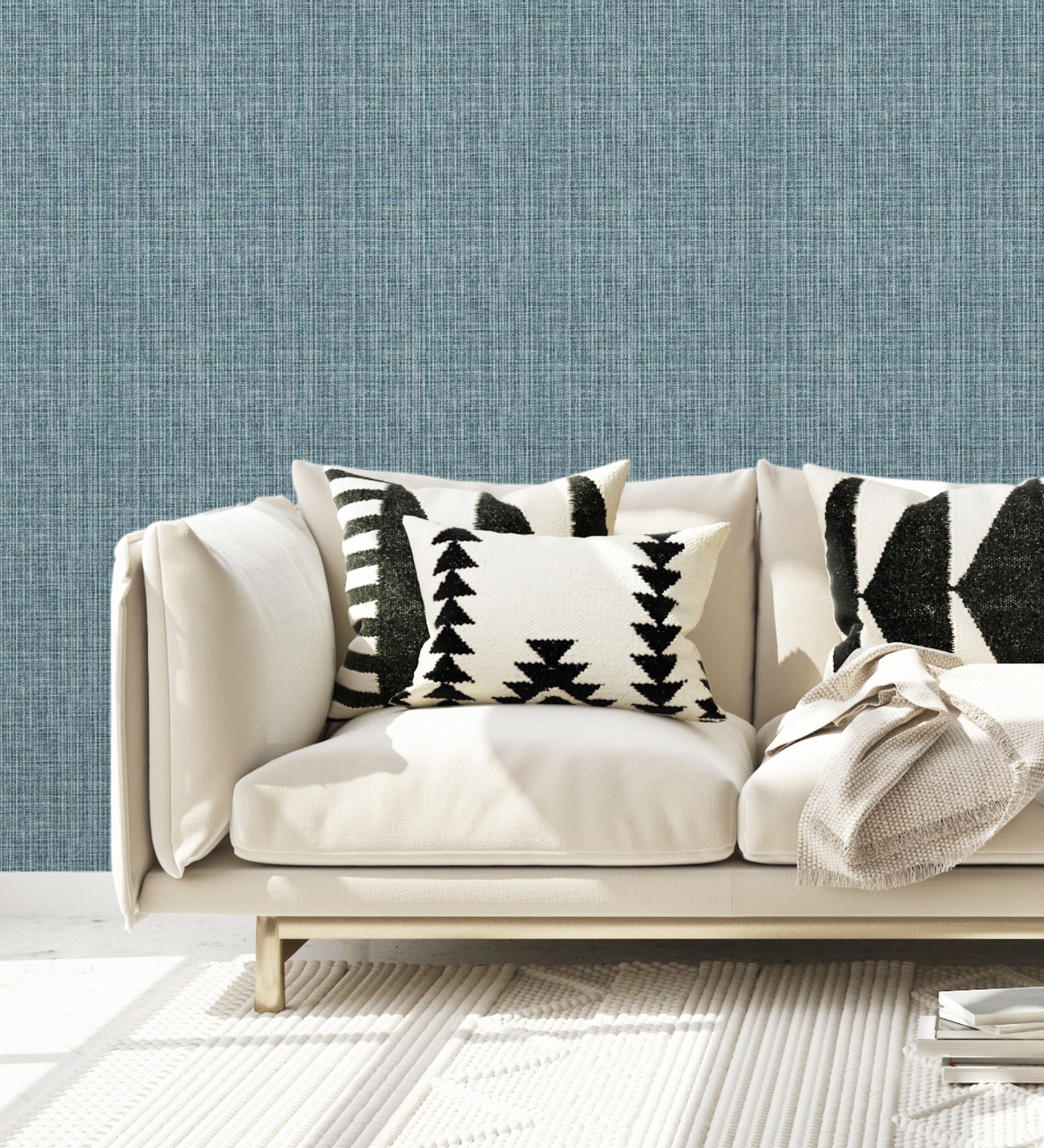 Papel pintado vinílico ecológico tejido de lino tonos azules con textura en relieve - london textile 682511 de gaulan - rollo de 10 m x 0,52 m