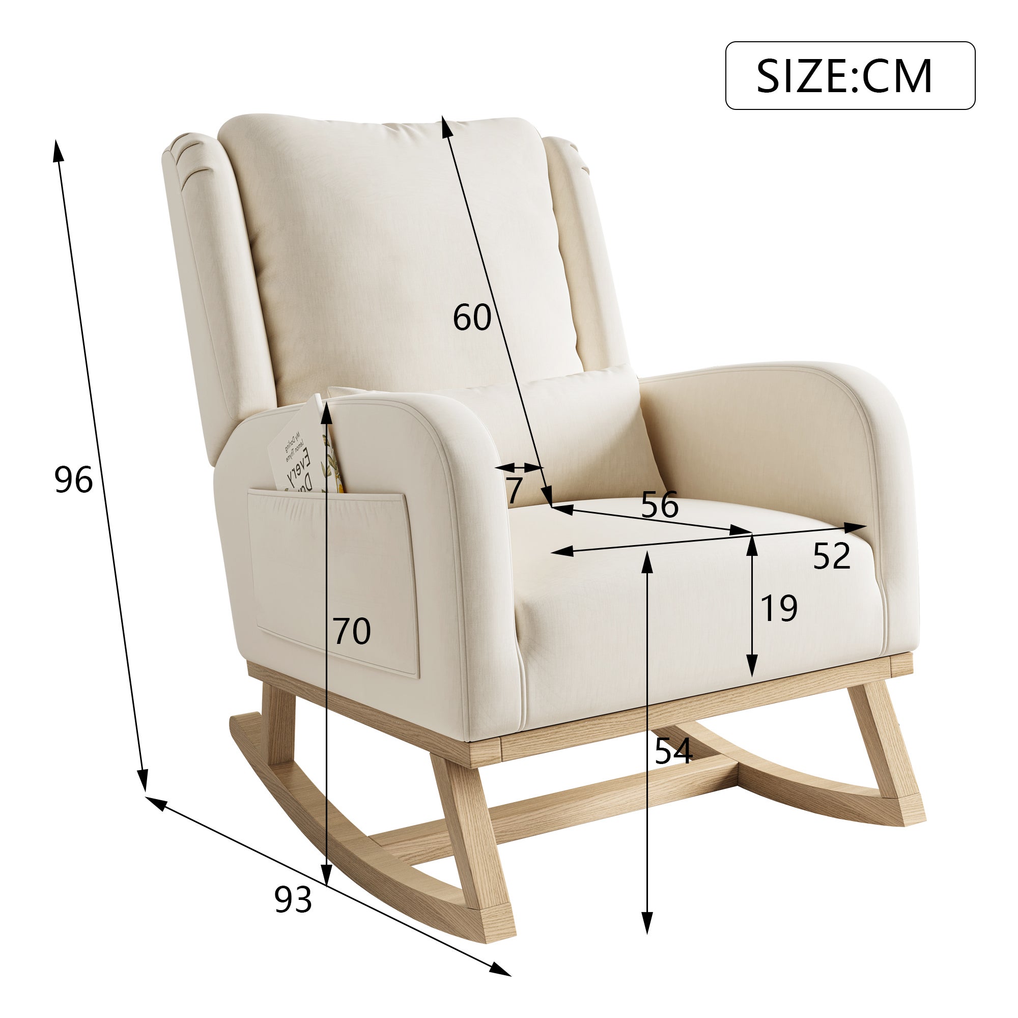 Rocking chair, avec poche latérale, dossier haut, coussin lombaire, accoudoirs, cadre en bois, fauteuil à bascule pour l'allaitement - Beige - 2