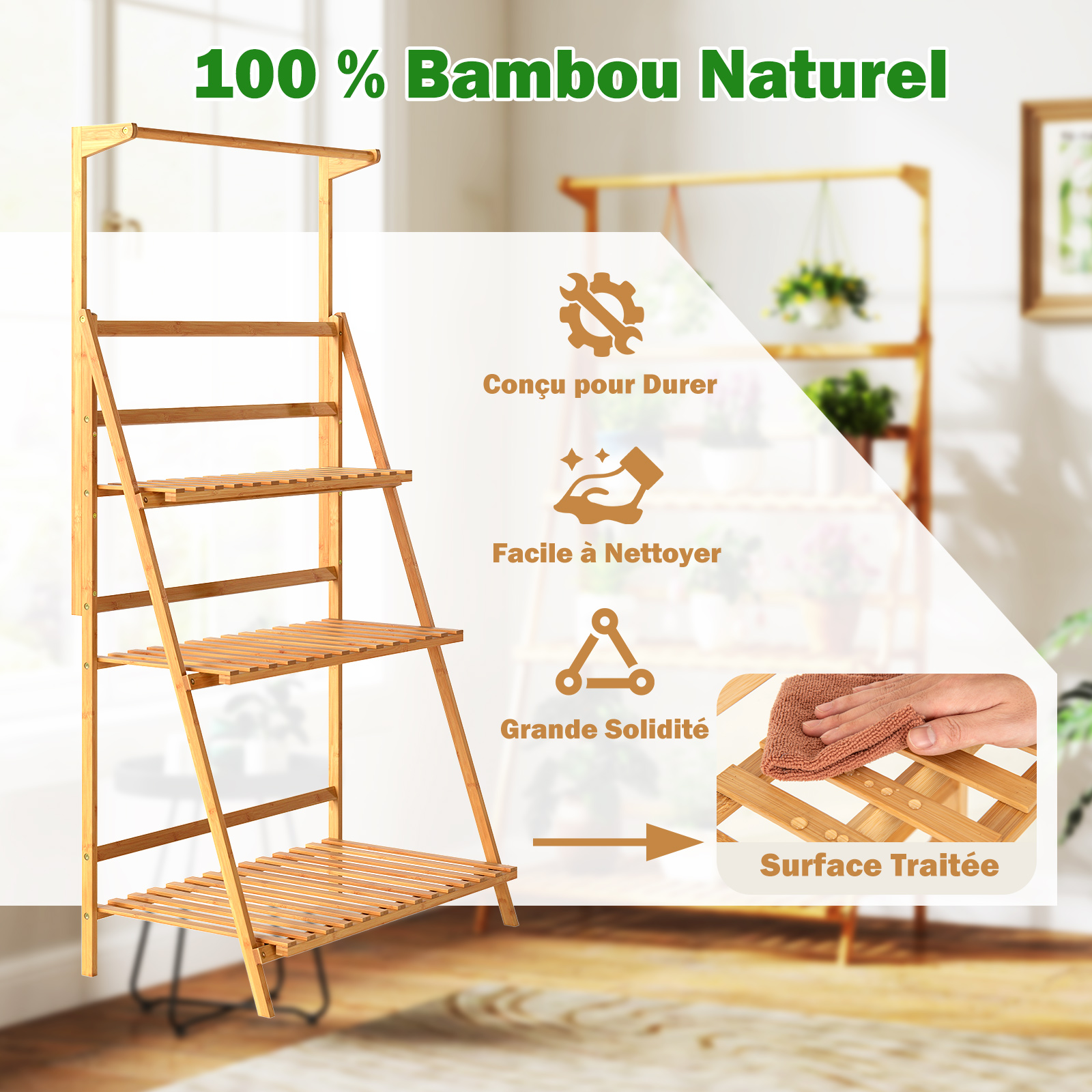 Etagère de jardin pliables à 3 niveaux de rangement, Support Plantes Interieur, 71×40×120-144 cm, bambou brut - 5