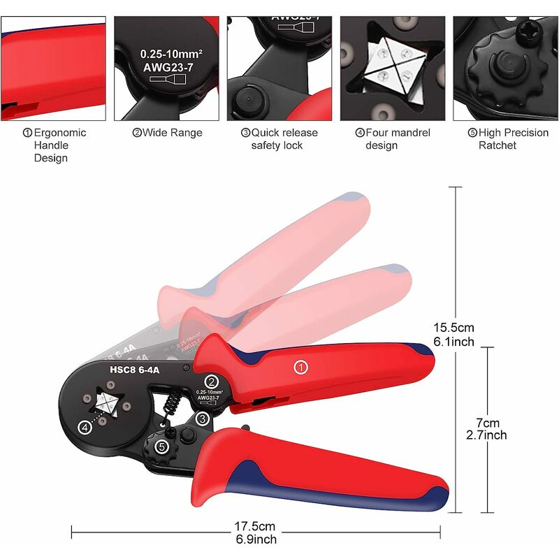 Pinza crimpatrice a 4 lati con 1200 puntalini per cavi, pinza crimpatrice per fili da 0,25–10 mm², per elettricisti professionisti - 5