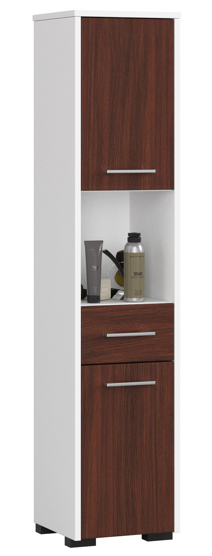 Wolnostojąca szafka łazienkowa: 1 szuflada, 2 drzwi, 5 półek, kolor biały | wenge, szer.: 30 cm, wys.: 140 cm, gł.: 30 cm.
