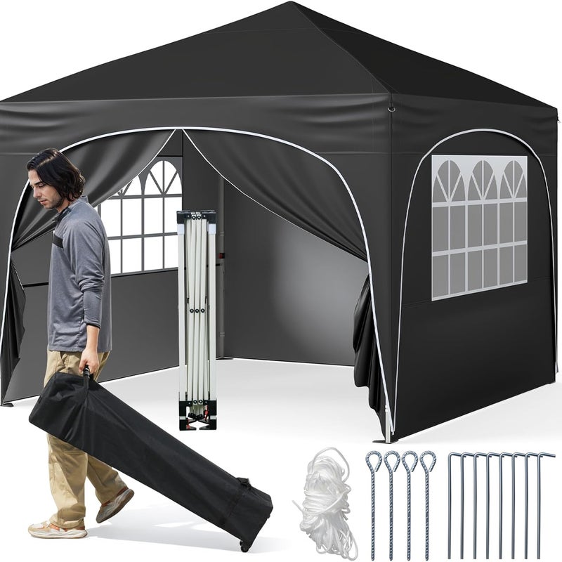 Składana Altana 3x3 z 4 Zdejmowanymi Ściankami | Składany | Przenośny Namiot Imprezowy | Worek z Piaskiem | Kołki i Lina | Torba na Kółkach (Czarny)