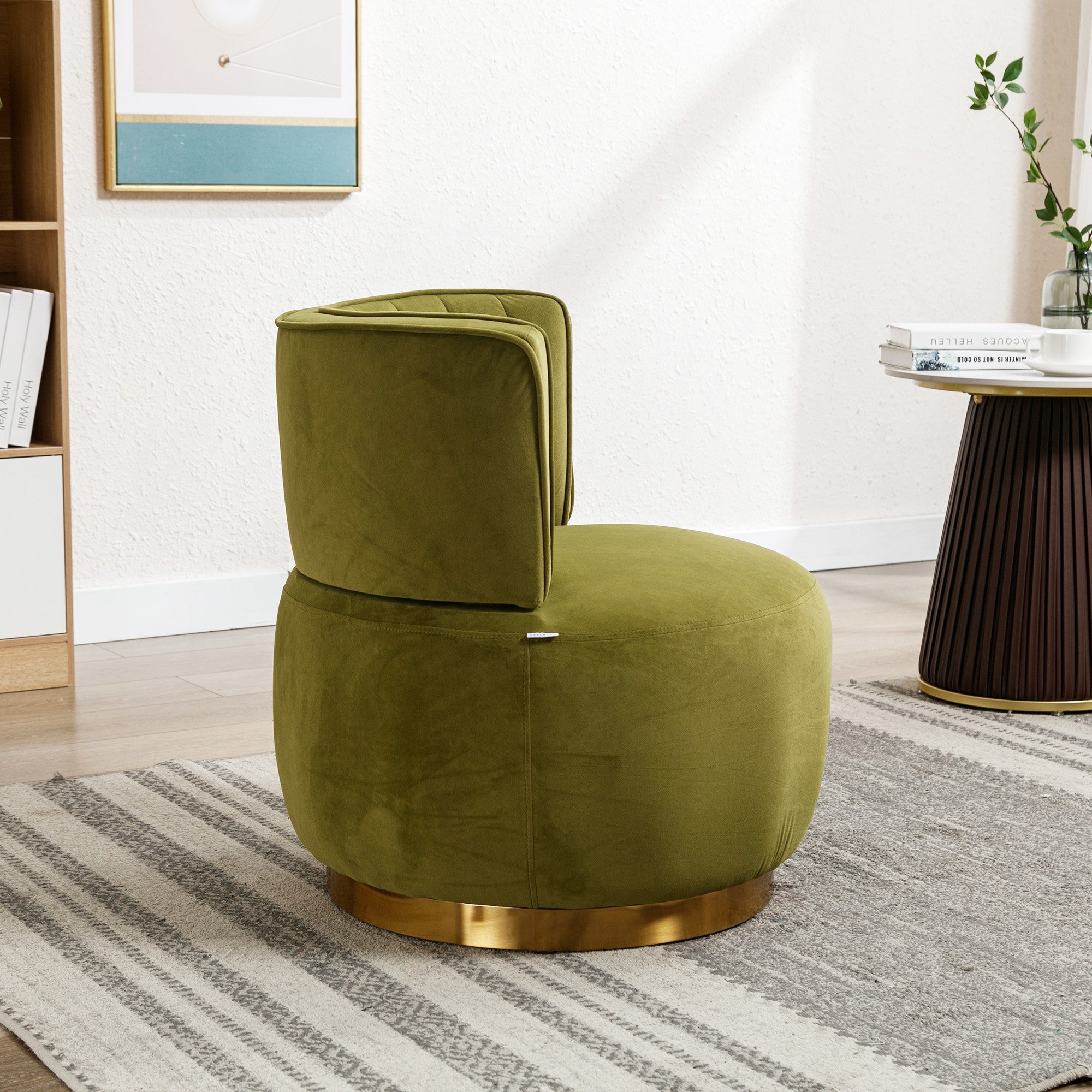 Fauteuil Pivotant 360° Velours Vert Olive - Chaise Lounge Moderne & Confortable - Structure Bois Robuste pour Salon & Chambre - 2
